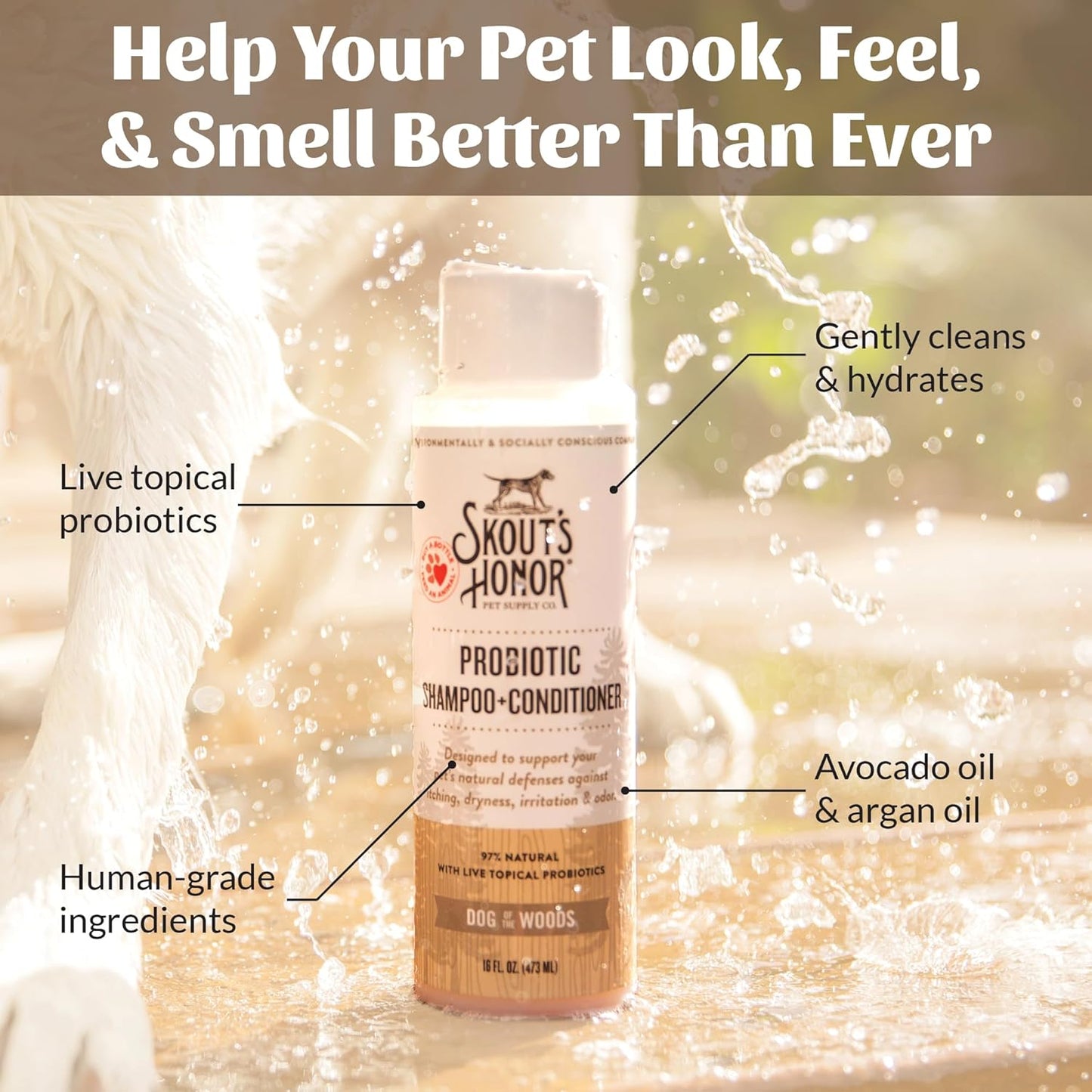 Skout's Honor Probiotic Pet Shampoo & Conditioner with Avocado Oil & Omega-3s, 97% Natural, Paraben & Sulfate-Free, Cruelty-Free, 16oz, Dog of The Woods, 2-Pack