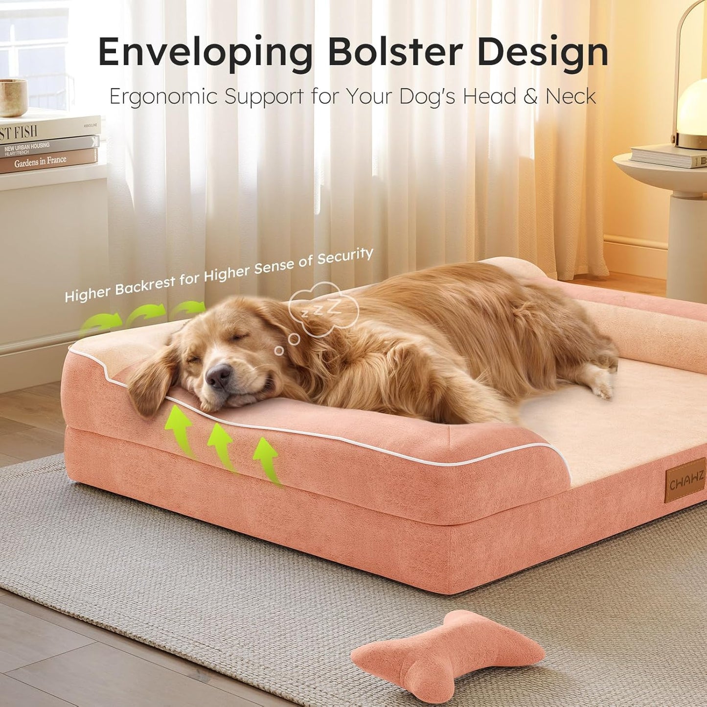 XXL Dog Bed for Extra Large Dogs, Giant Orthopedic Dog Bed with Cooling Gel Memory Foam, Waterproof Pet Bed with Removable Washable Cover, 53" Pet Sofa bed Dutch Velvet with Bone Toy, Peach Pink