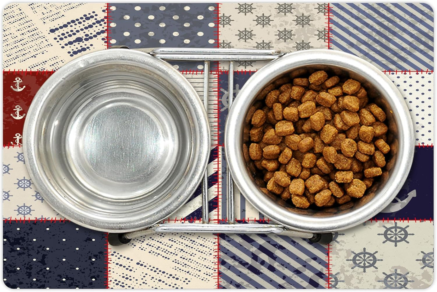 Lunarable Nautical Pet Mat for Food and Water, Maritime and Nautical Life Design with Vintage Sailor Knot Anchor Motifs, Non-Slip Rubber Mat for Dogs and Cats, 18" X 12", Vermilion Blue