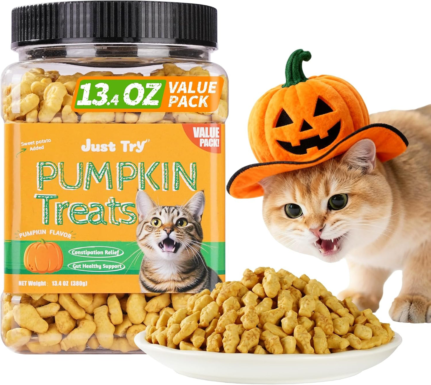 Just Try 13.4 OZ Pumpkin Cat Treats Cat Constipation Relief Hairball Control Healthy Salmon Snacks Training Biscuits Treats for Digestive Support Low Calorie Kitten Snacks
