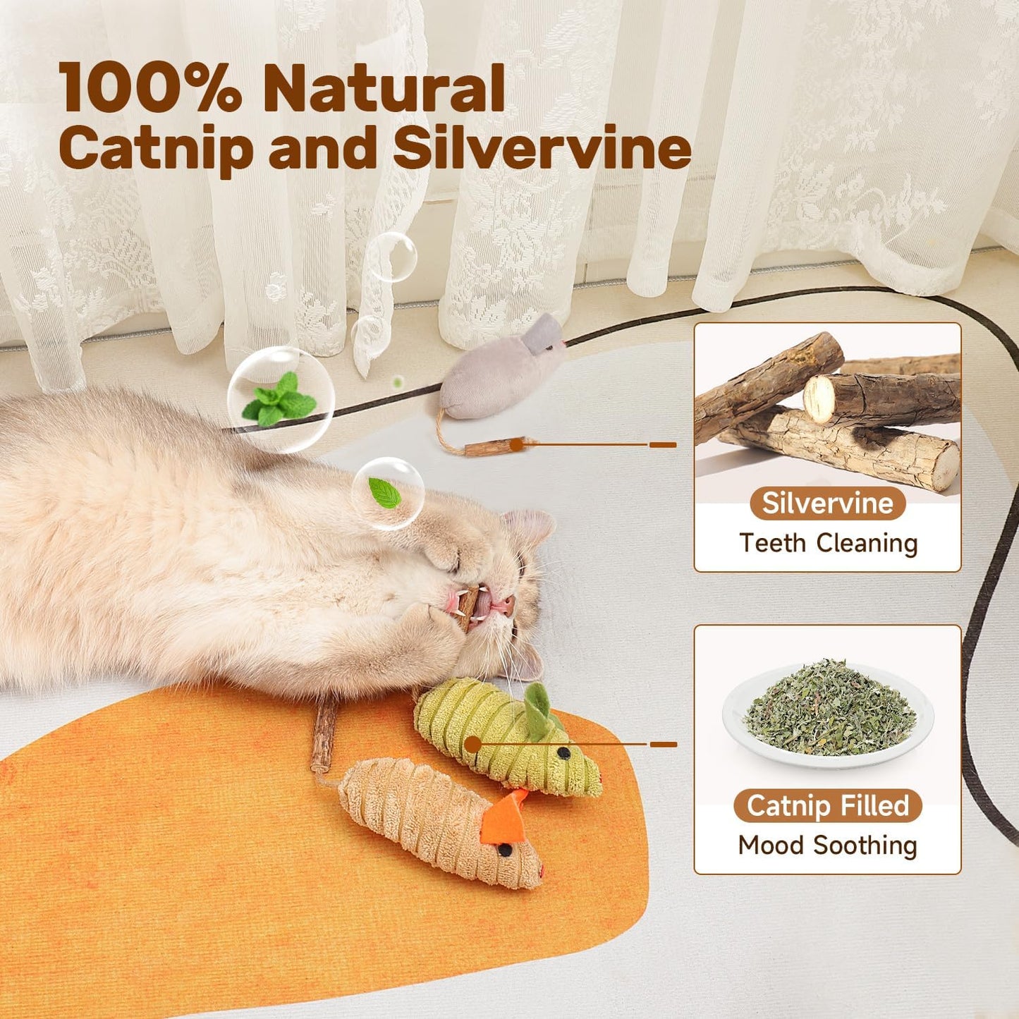 Potaroma Cat Toys: 3pcs Squeak Mice Interactive Catnip Silvervine Animals for Indoor Kittens - Dental Matatabi Cat Nip & Chew Exercise Toy for All Breeds & Species