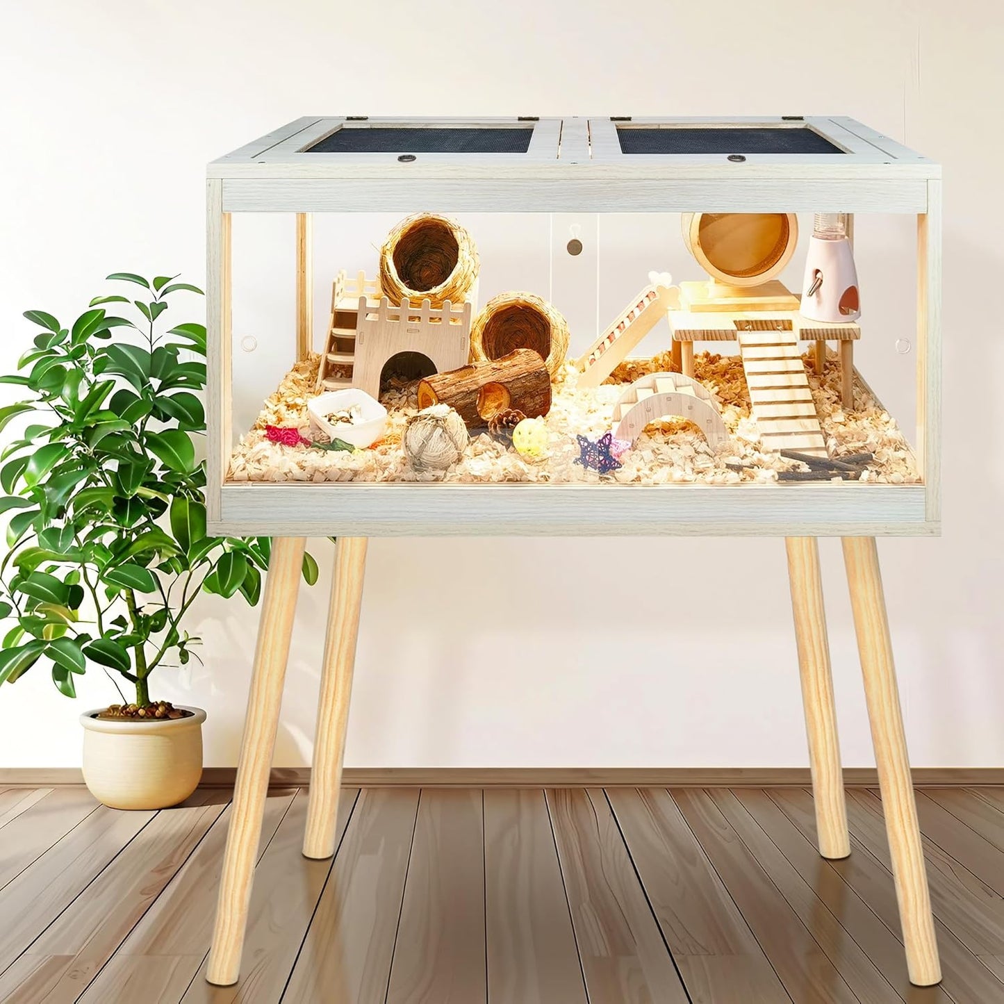 Prolee Hamster Cage Chewproof, Mice and Rat Habitat with Transparent Sides, Hamster House with Openable Mesh Top, Solid Built with Lock Design and Leg Stand, 40" Wide