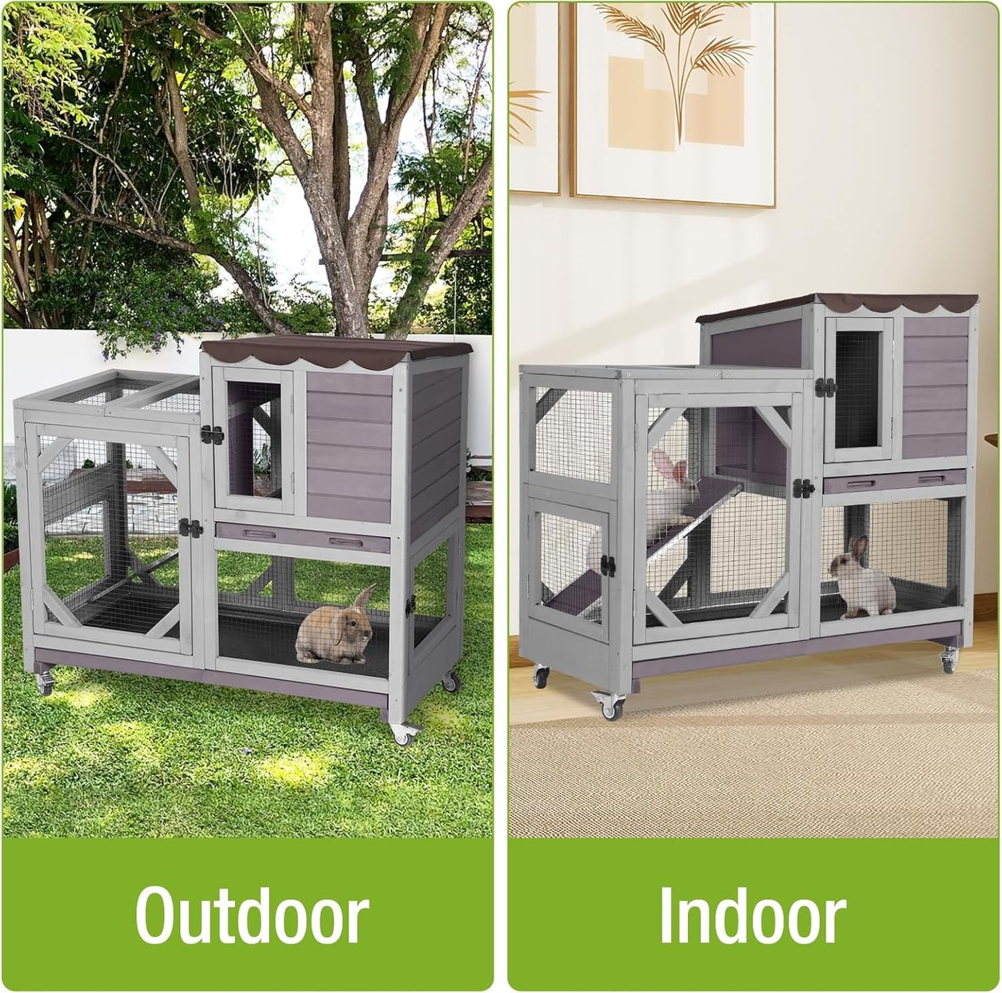 Wooden Rabbit Hutch with Two Story, Bunny Cage with Leak-Proof Trays, and Chew-Proof Ramp, Guinea Pig Cage with Wheels, Suitable for Indoor/Outdoor Use (Grey)