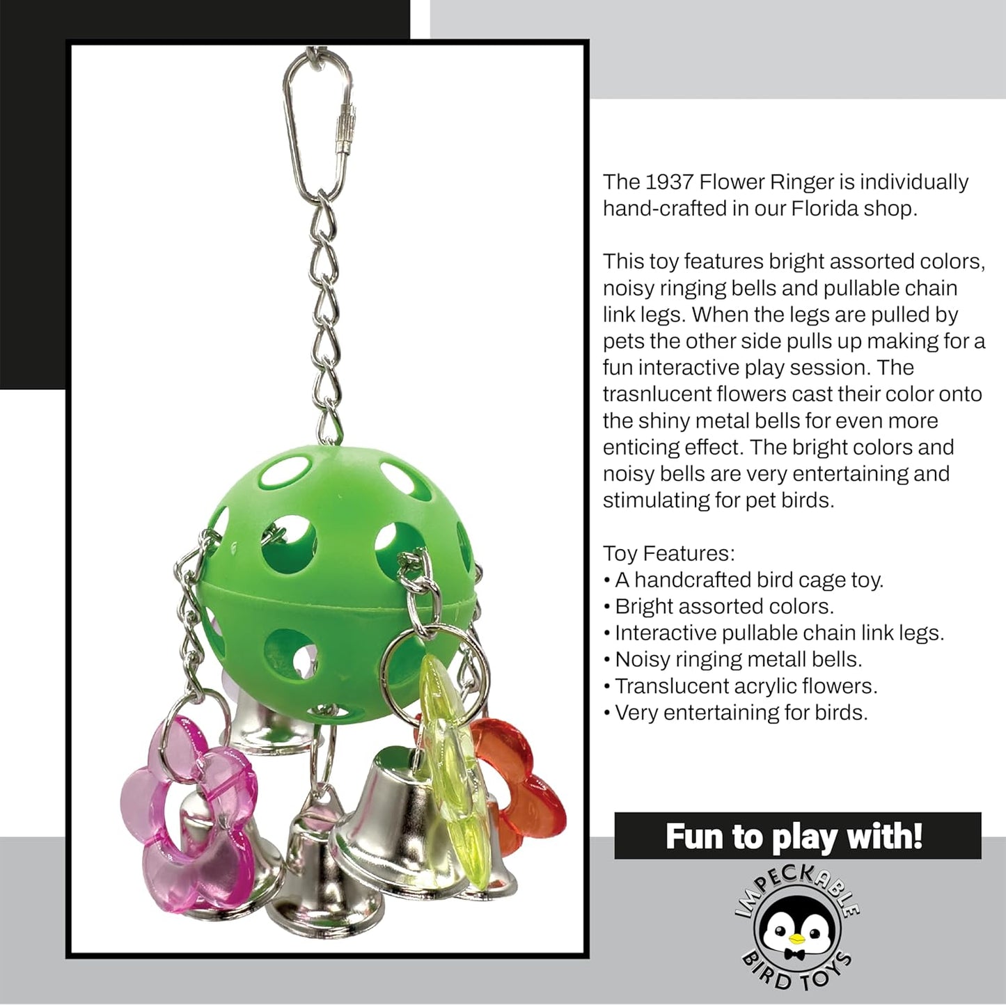 1937 Flower Ringer with Acrylic Flowers, Bells and Chain Links – Handcrafted Great for Conures, African Greys, Amazons and Medium Size Birds