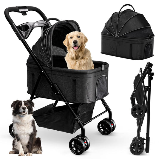 Pet Stroller 3 in 1 Foldable Dog Stroller, Cat Strollers, Foldable pet Strollers & Cat Carrier, Pet Carrier, Lightweight with Cup Holder, Waterproof Max Load 66 lbs, Breathable Mesh Canopy