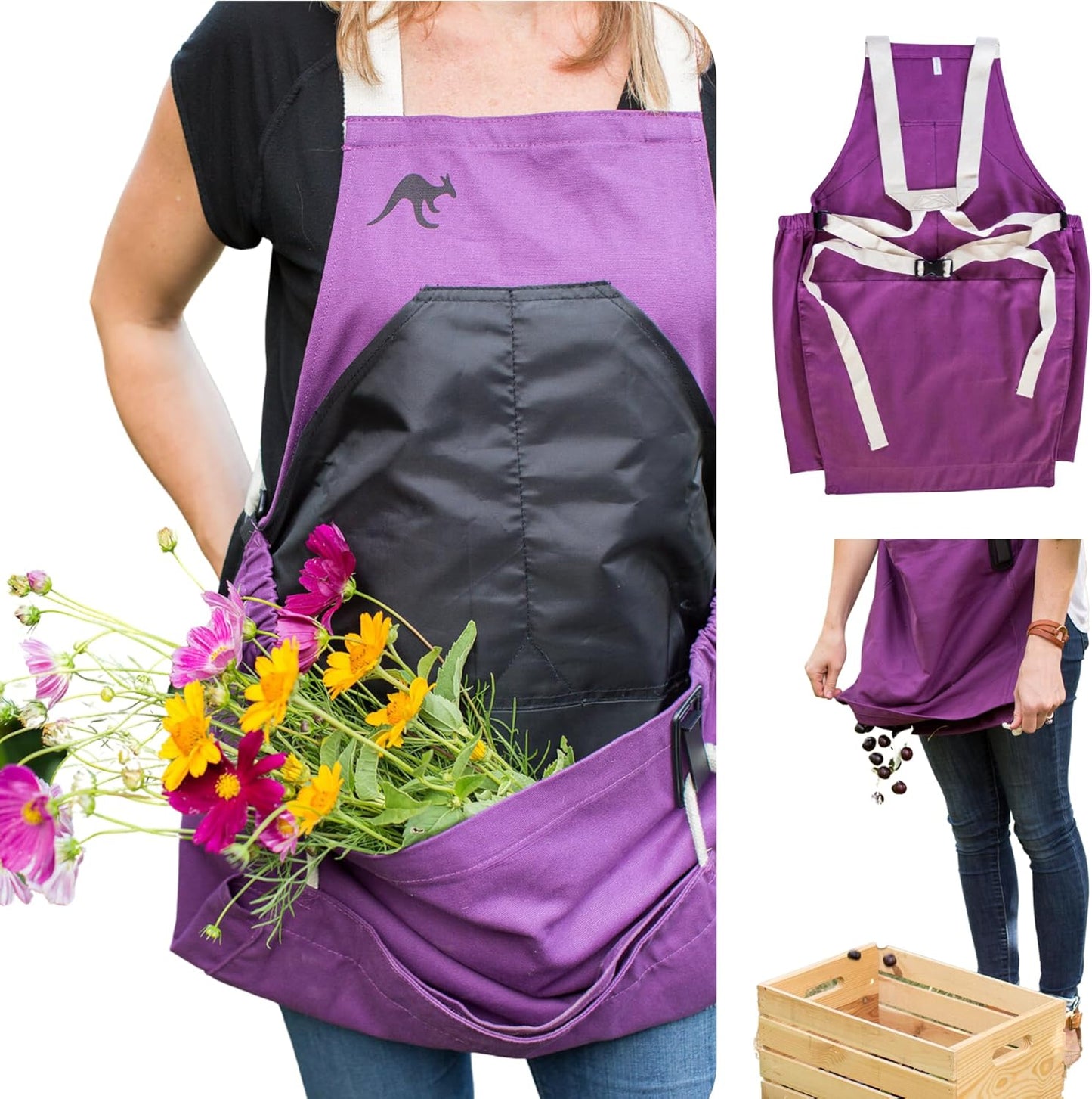 Roo Gardening Apron with Pockets & Harvesting, Picking Pouch - Adjustable, Water-resistant, Washable Canvas Cotton