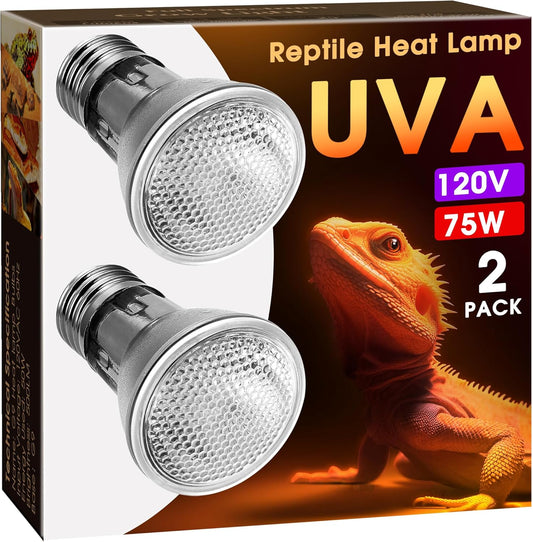Reptile Heat Bulb 2 Pack, 75W UVA Reptile Light Bulbs, Dimmable Heat Lamp Bulbs Basking Spot Light Bulb for Reptiles, Amphibian, Bearded Dragon, Lizard, Chicken
