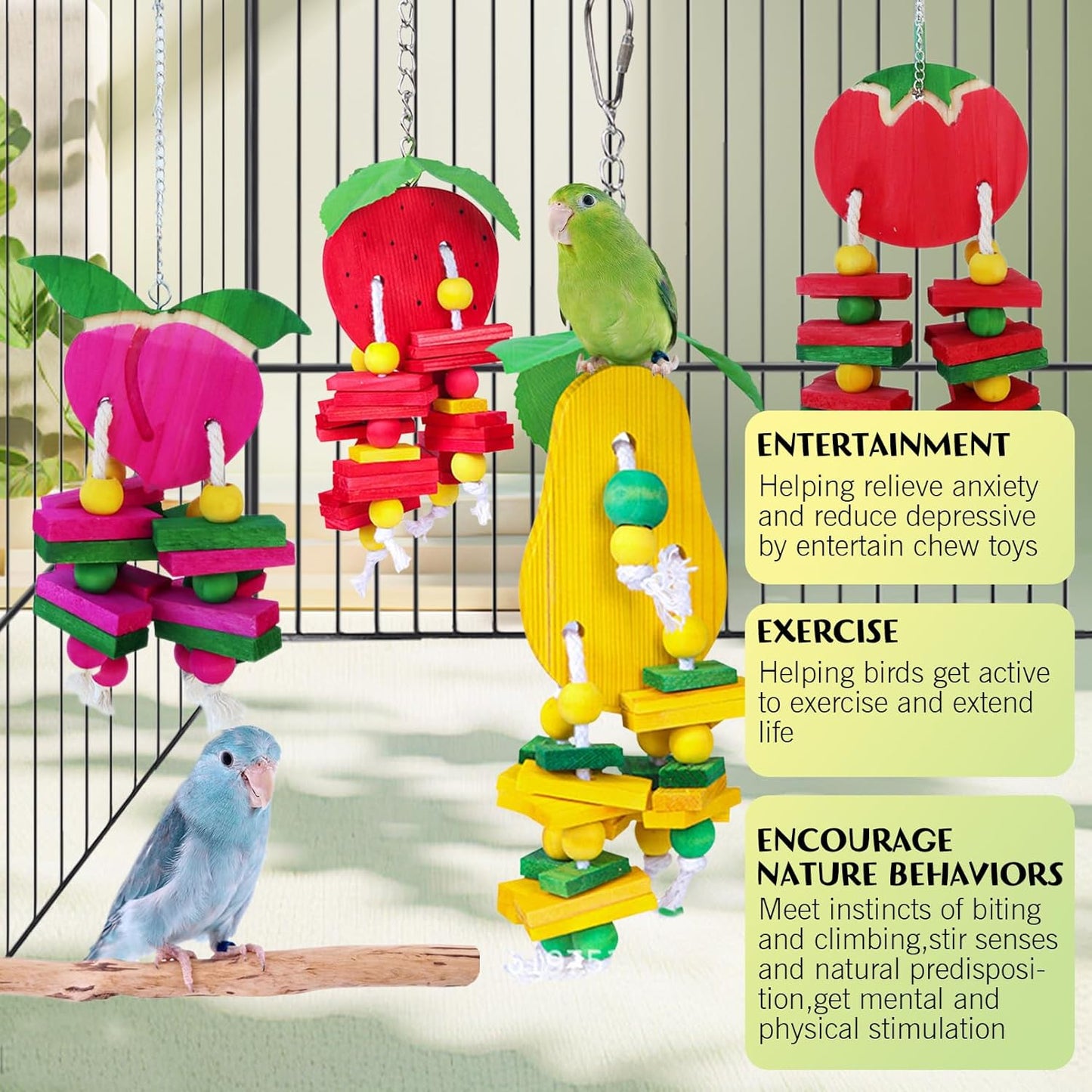 Hamiledyi Natural Wood Block Bird Cage Toys Parrot Chewing Toy Tomato&Peach&Pear&Strawberry Shaped Hanging Foraging Toy for Small&Medium Birds Parakeets Cockatiels,4pcs