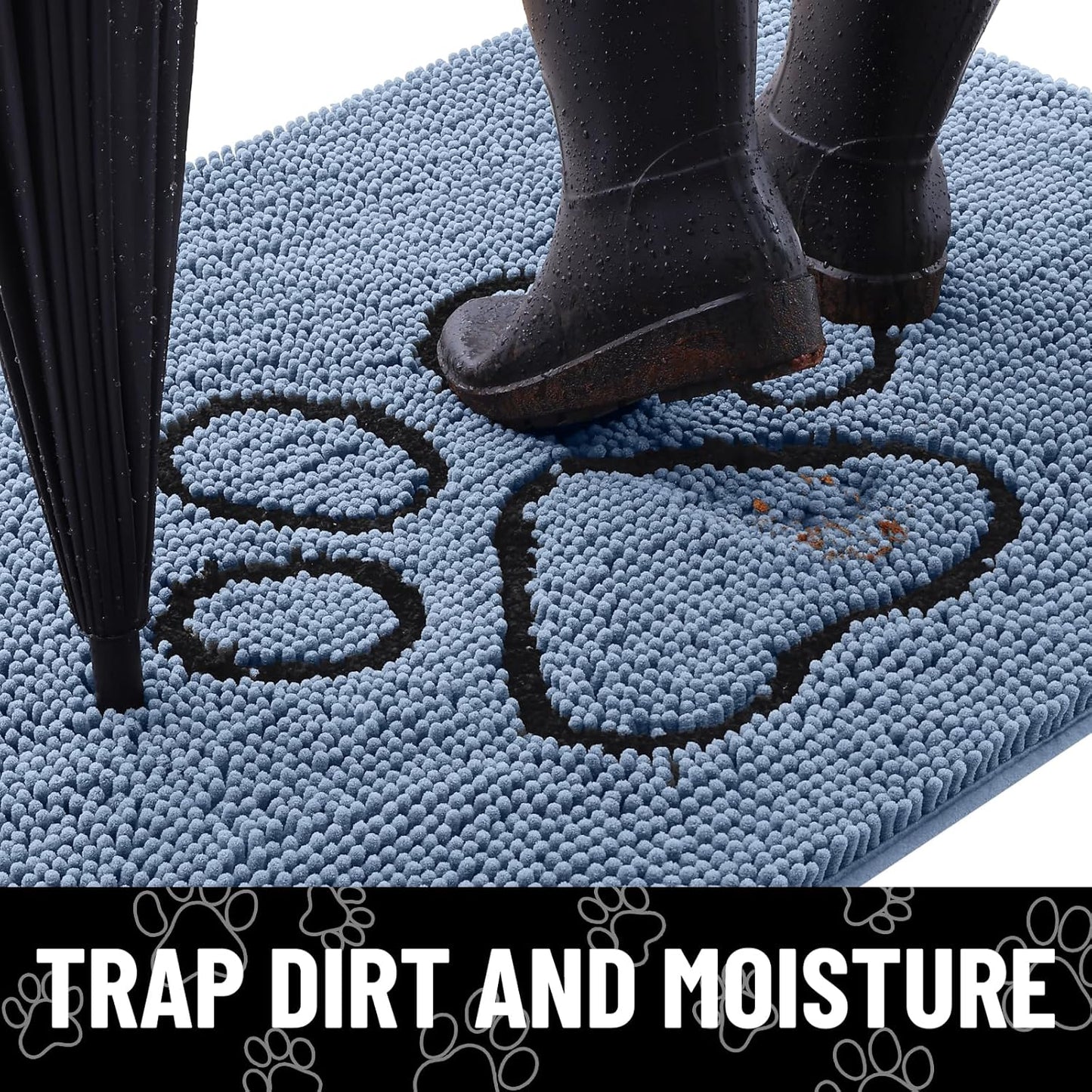 Smiry Dog Door Mat for Muddy Paws, Absorbent Dirt Trapper Non Slip Quick Dry Washable Chenille Mat for Mud Dogs, Entry Rug for Indoor and Outdoor (48x30 Inches, Airy Blue and Black)