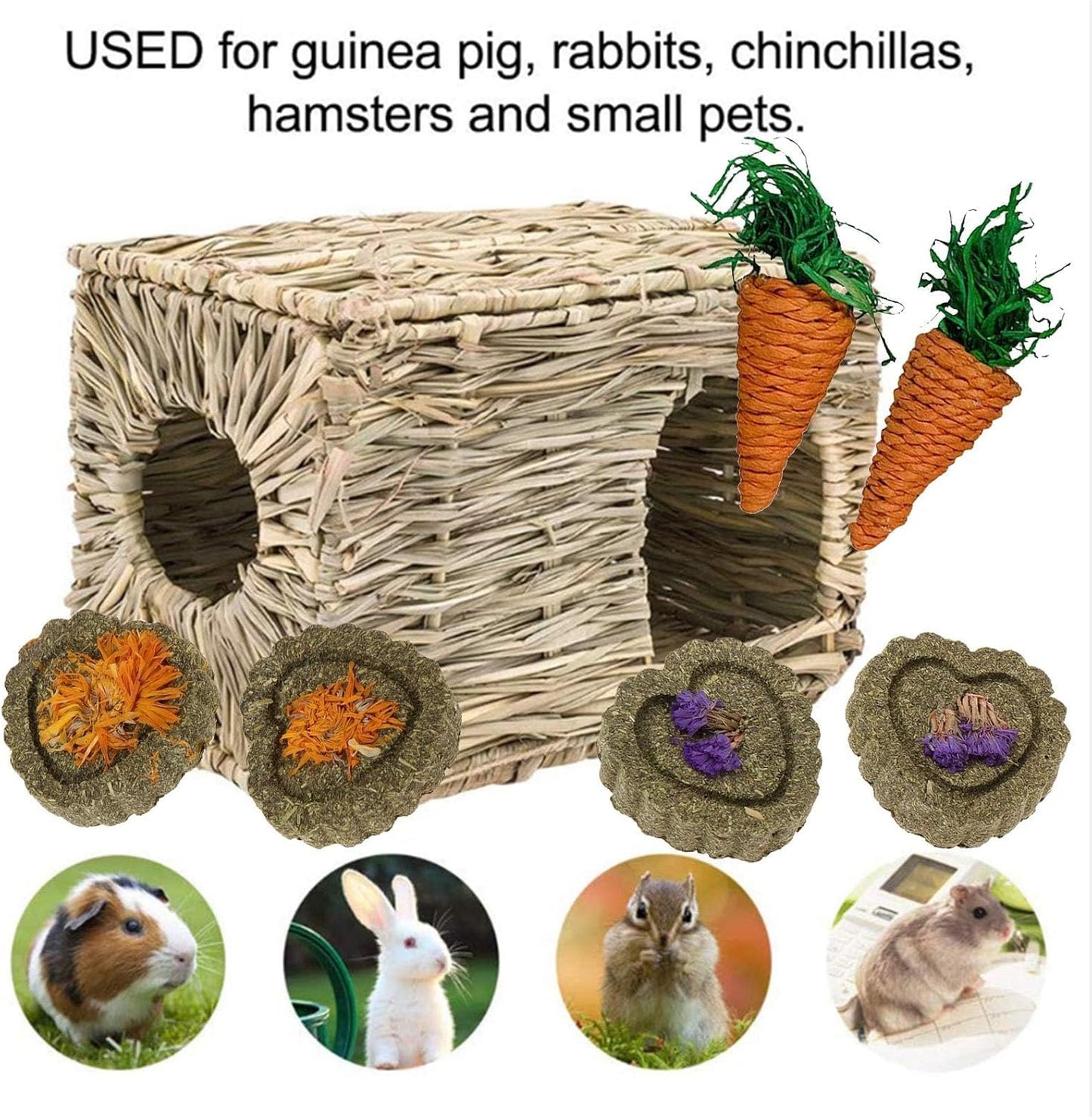 kathson 2 Pcs Large Rabbit Grass House Natural Foldable Hand Woven Seagrass Bed Carrot Hay Toy Hut Safe Comfortable Playhouse with Bunny Chew Toys for Bunny Hamster Guinea Pig Chinchilla Ferret