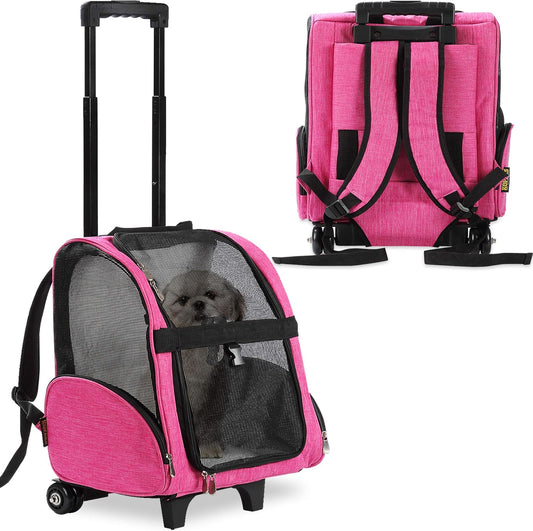 KOPEKS Deluxe Backpack Pet Travel Carrier with Double Wheels for Pets up to 18 Pounds - Pink