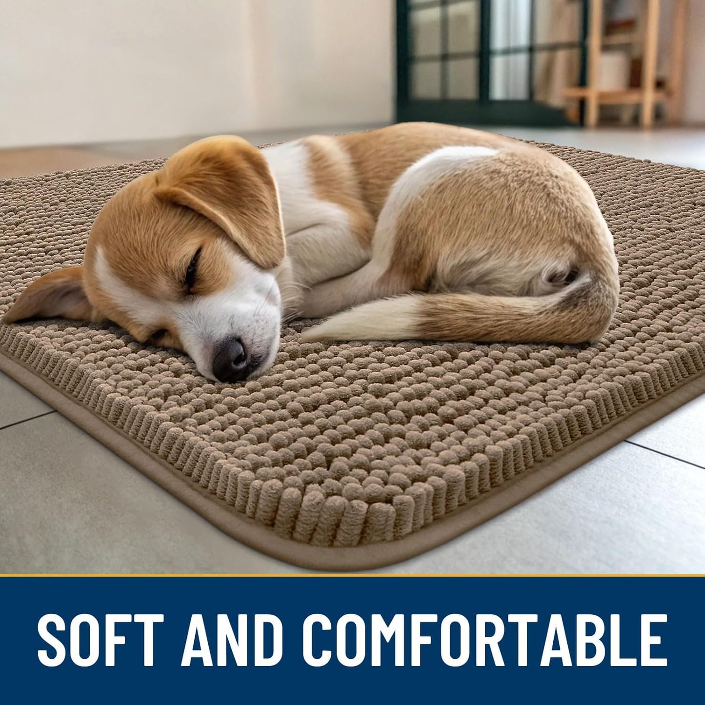 Smiry Dog Door Mat for Muddy Paws 36x24, Absorbs Moisture and Dirt Doormat, Non-Slip Washable Quick Dry Chenille Front Door Mat Indoor Entrance, Entryway Carpet for Inside Floor, Camel