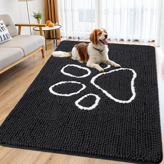 Smiry Dog Door Mat for Muddy Paws, Absorbent Dirt Trapper Non Slip Quick Dry Washable Chenille Mat for Mud Dogs, Entry Rug for Indoor and Outdoor (71x46 Inches, Black)