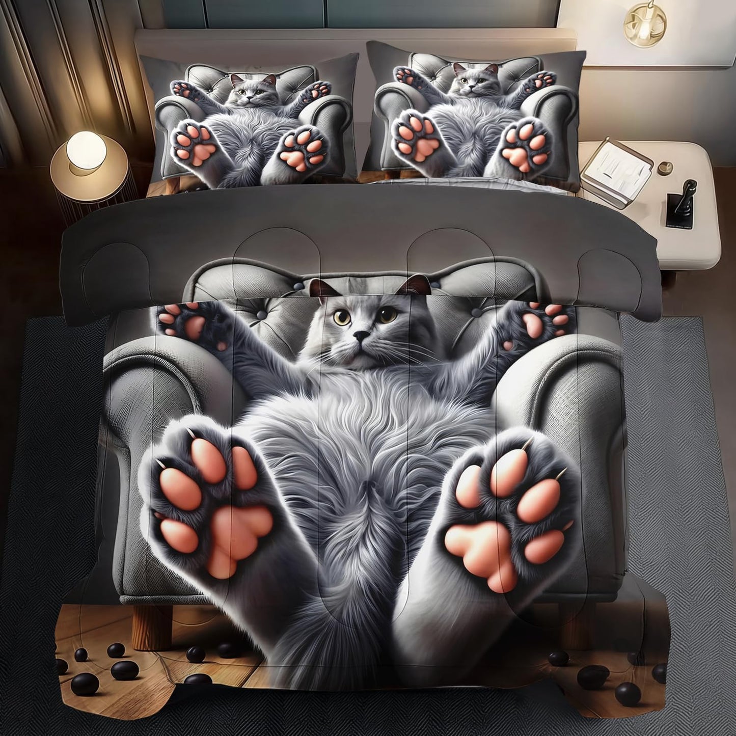 Cute Cat Comforter Set Full,Grey Kawaii Cat Bedding Set Adult,Cute Animal Comforter for Boy,American Shorthair Bedding Grey,Kawaii Animal Print Quilt Bedroom Decor Kids