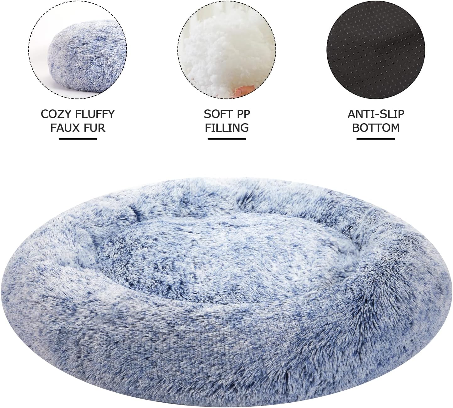 Bedfolks Calming Donut Dog Bed, 30 Inches Round Fluffy Dog Beds for Medium Dogs, Anti-Anxiety Plush Dog Bed, Machine Washable Pet Bed (Navy Blue, Medium)