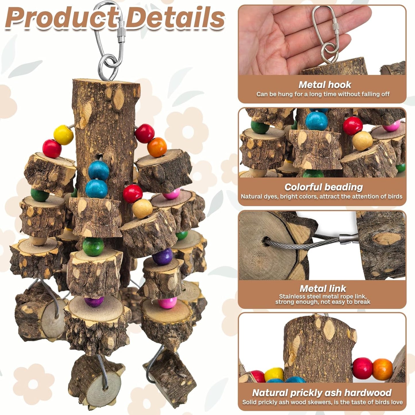 PINVNBY Large Bird Parrot Toys, Natural Wooden Blocks Chew Toy, Durable Cage Bite for African Grey Cockatoo Macaws Cockatiels Eclectus Large Medium Parrots (Small Size, Wire Link)