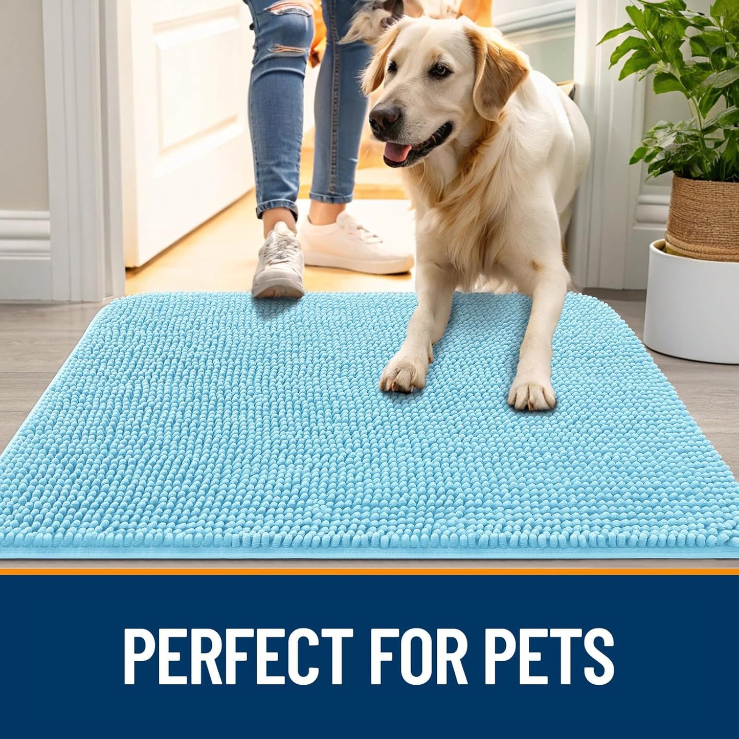 OLANLY Dog Door Mat for Muddy Paws 59x20, Absorbs Moisture and Dirt, Absorbent Non-Slip Washable Doormat, Quick Dry Chenille Mud Mat for Dogs, Entry Indoor Entryway Carpet for Inside Floor, Blue