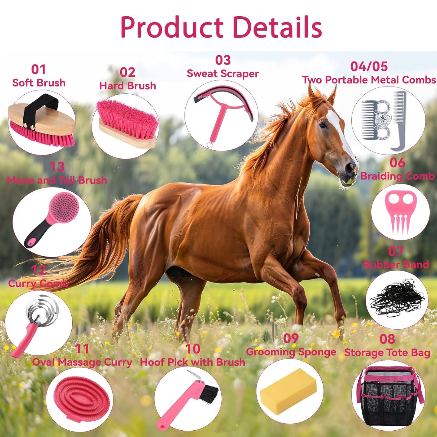 Horse Grooming Kit 13 Piece, Horse Brushes for Grooming Supplies with Tote Bag, Horses Tack Brush Set for Effective Grooming and Cleaning, Gift for Horse Riders Beginners (Pink)