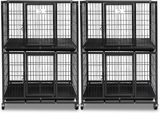 Homey Pet Two Packs 31 Inch Stackable Heavy Duty Dog Crate Cage Kennel with Four Lockable Wheels, Removable Tray, Escape Proof Wire Drop Dog Crates for Small Dogs (Two Tiers)