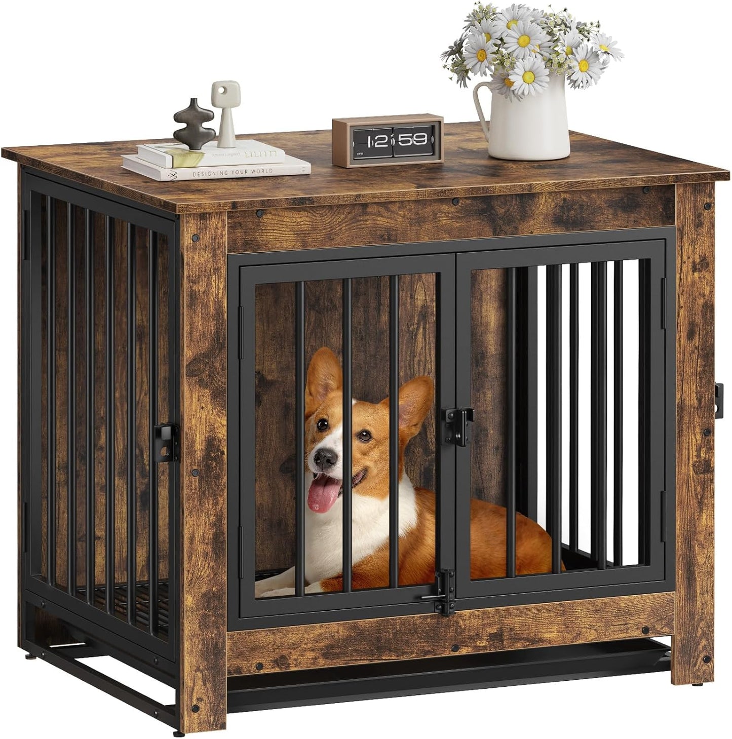 Dog Crate Furniture, Dog Crate End Table for Small and Medium Dogs,Wooden Cage Kennel Furniture Indoor, Modern Dog Crate with Multi-Purpose Removable Tray, Double-Doors Dog Furniture, Rustic Brown