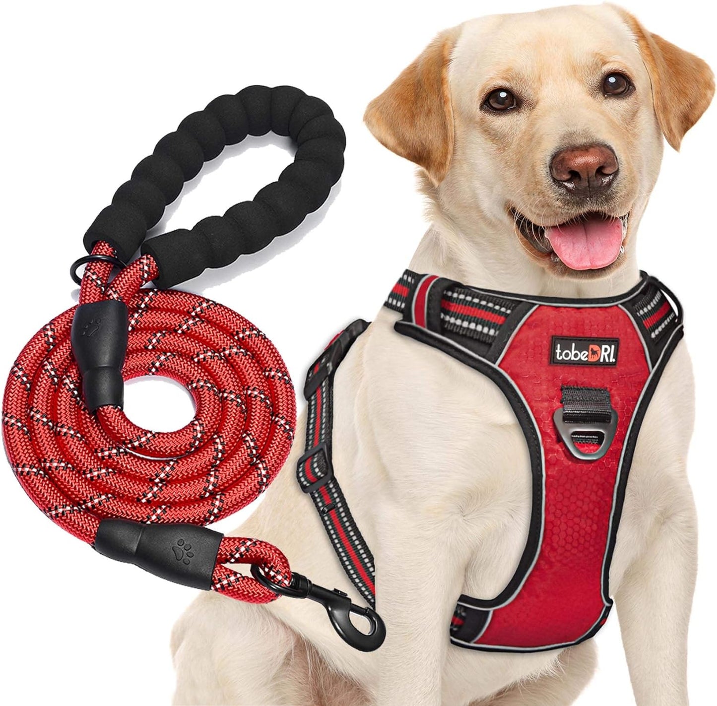 No Pull Dog Harness Adjustable Reflective Oxford Easy Control Medium Large Dog Harness with A Free Heavy Duty 5ft Dog Leash (L (Neck: 18"-25.5", Chest: 24.5"-33"), Red Harness+Leash)