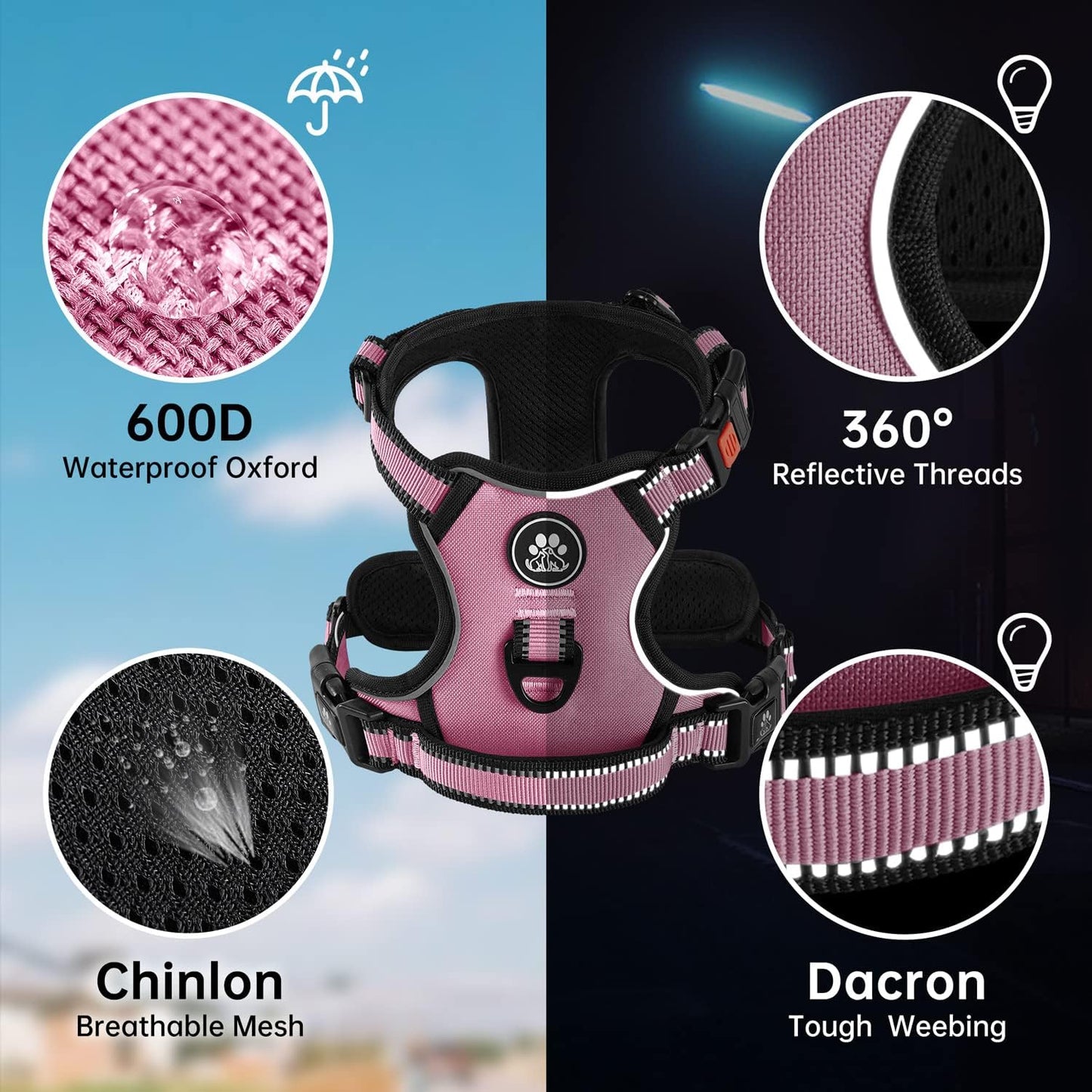 NESTROAD No Pull Dog Harness,Adjustable Oxford Dog Vest Harness with Leash,Reflective No-Choke Pet Harness with Easy Control Soft Handle for Large Dogs(X-Large,Pink)