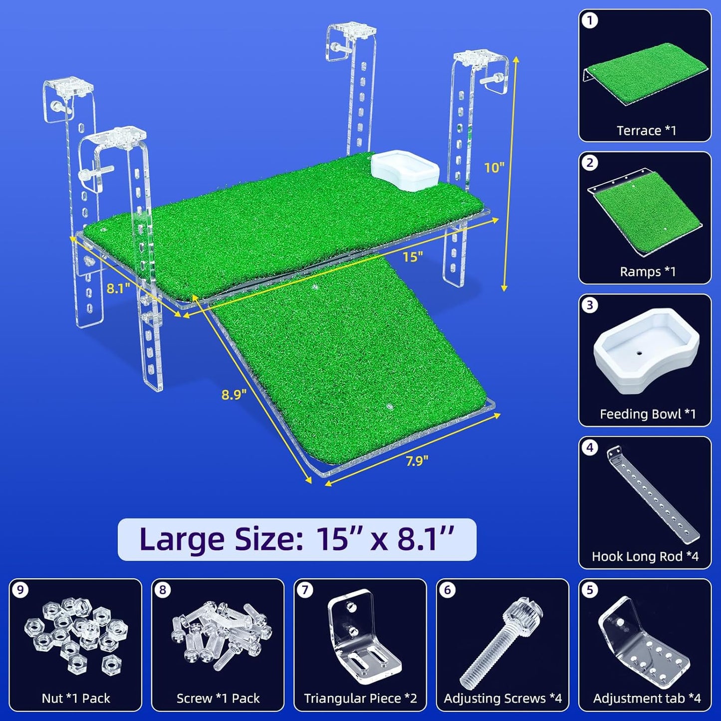 Adjustable Hanging Turtle Dock with Anti-Slip Artificial Grass Basking Platform Sturdy Acrylic Ramp for Aquatic Turtles, Compatible with Various Tank Sizes, Easy Setup Transparent, 15 Inch