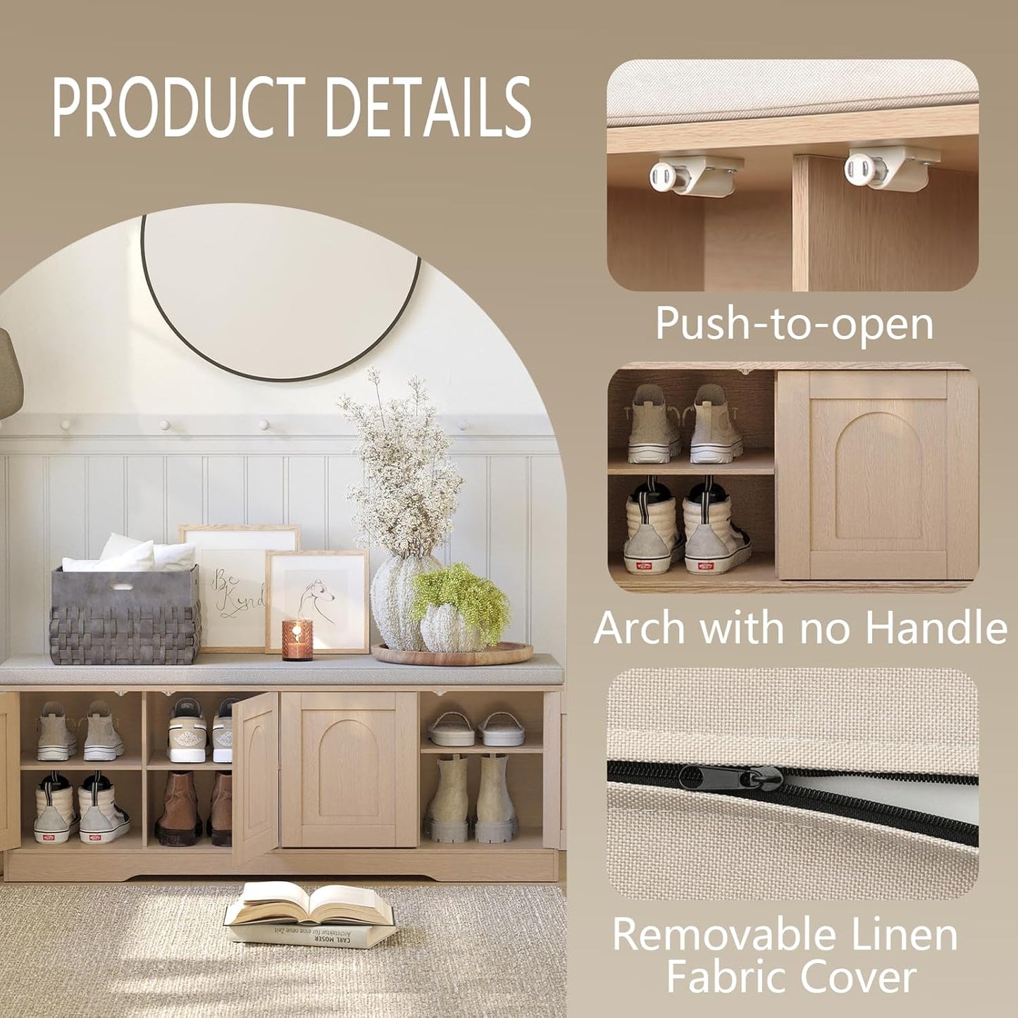 DINZI LVJ Shoe Bench, Entryway Storage Bench with Doors, Cushion, 2-Tier Shoe Rack with 8-Cubby, 47.2”L x 13.8”W Shoe Organizer Cabinet, Adjustable Shelf, Living Room, Bedroom Natural