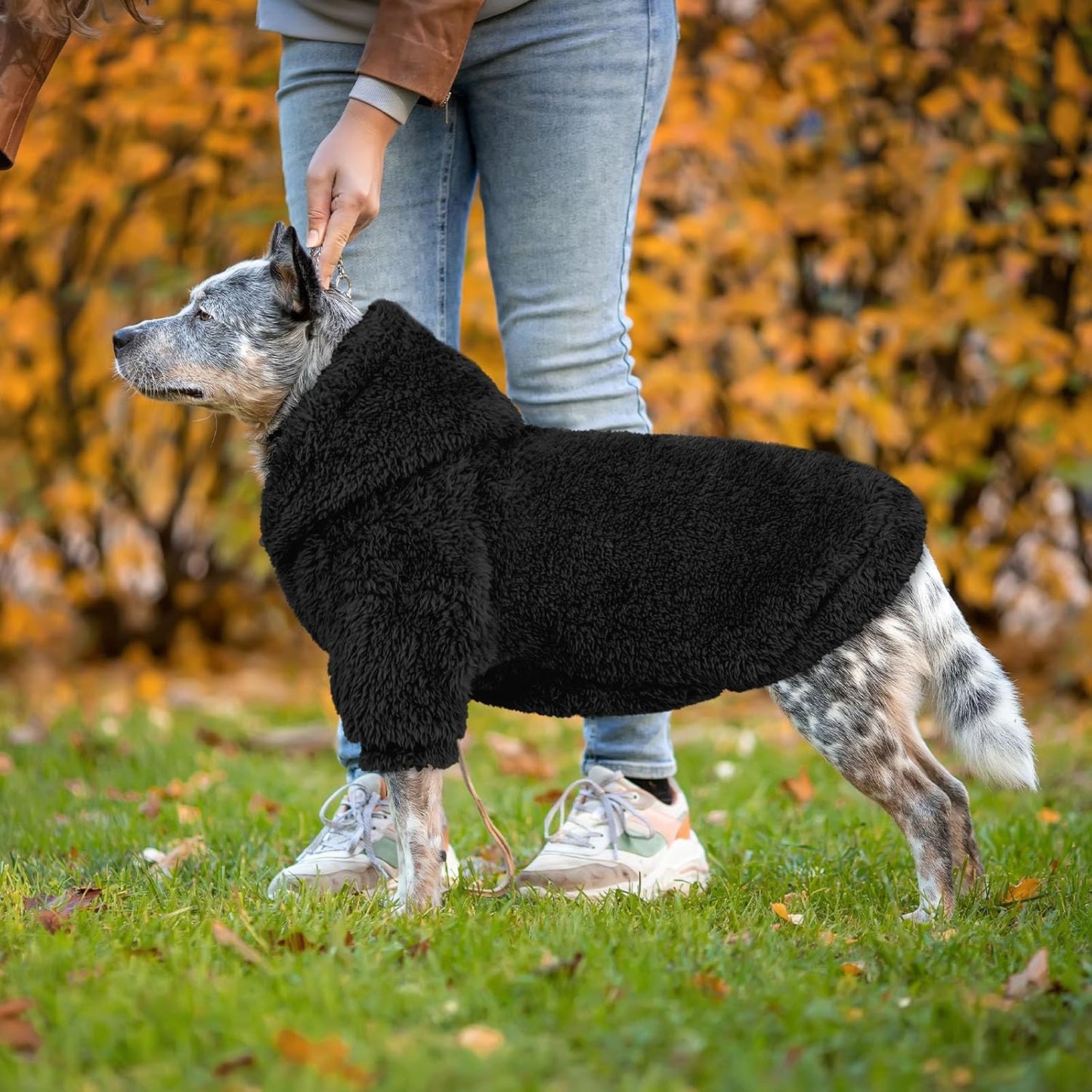 Fuzzy Dog Sweaters for Large Dogs Soft Double-Sided Plush Fleece Pet Sweater Clothes Pet Coats Dog Hoodie Sherpa Hooded Sweatshirt(Black-XXL)