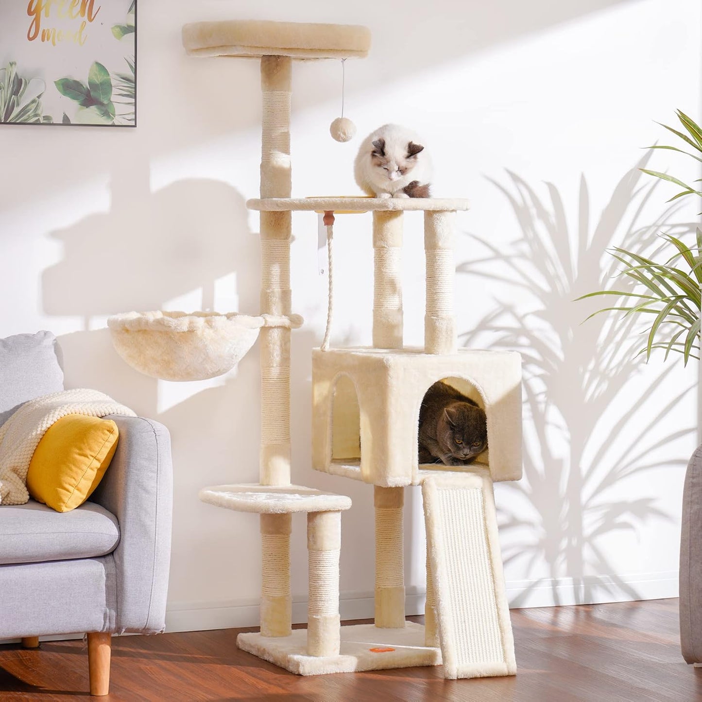 Heybly Cat Tree, Cat Tower for Indoor Cats with Scratching Board, Multi-Level Cat Furniture Condo with Feeding Bowl, Beige HCT010MM