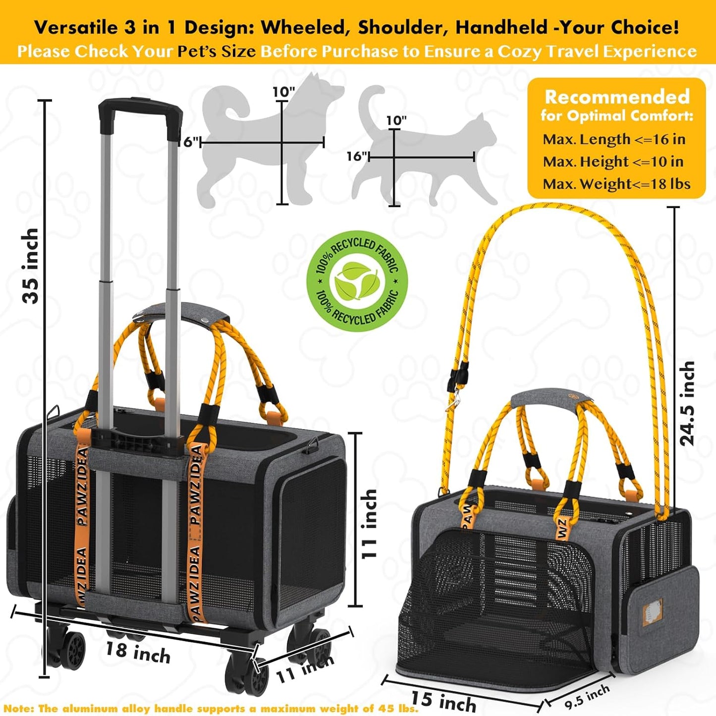 PAWZIDEA Pet Carrier with Wheels, 18x11x11 TSA Airline Approved Cat Carrier for 2 Cats Under Seat, Expandable Soft-Sided Dog Carrier for Small Dogs Rolling Travel Bag with Telescopic Handle, ID Card