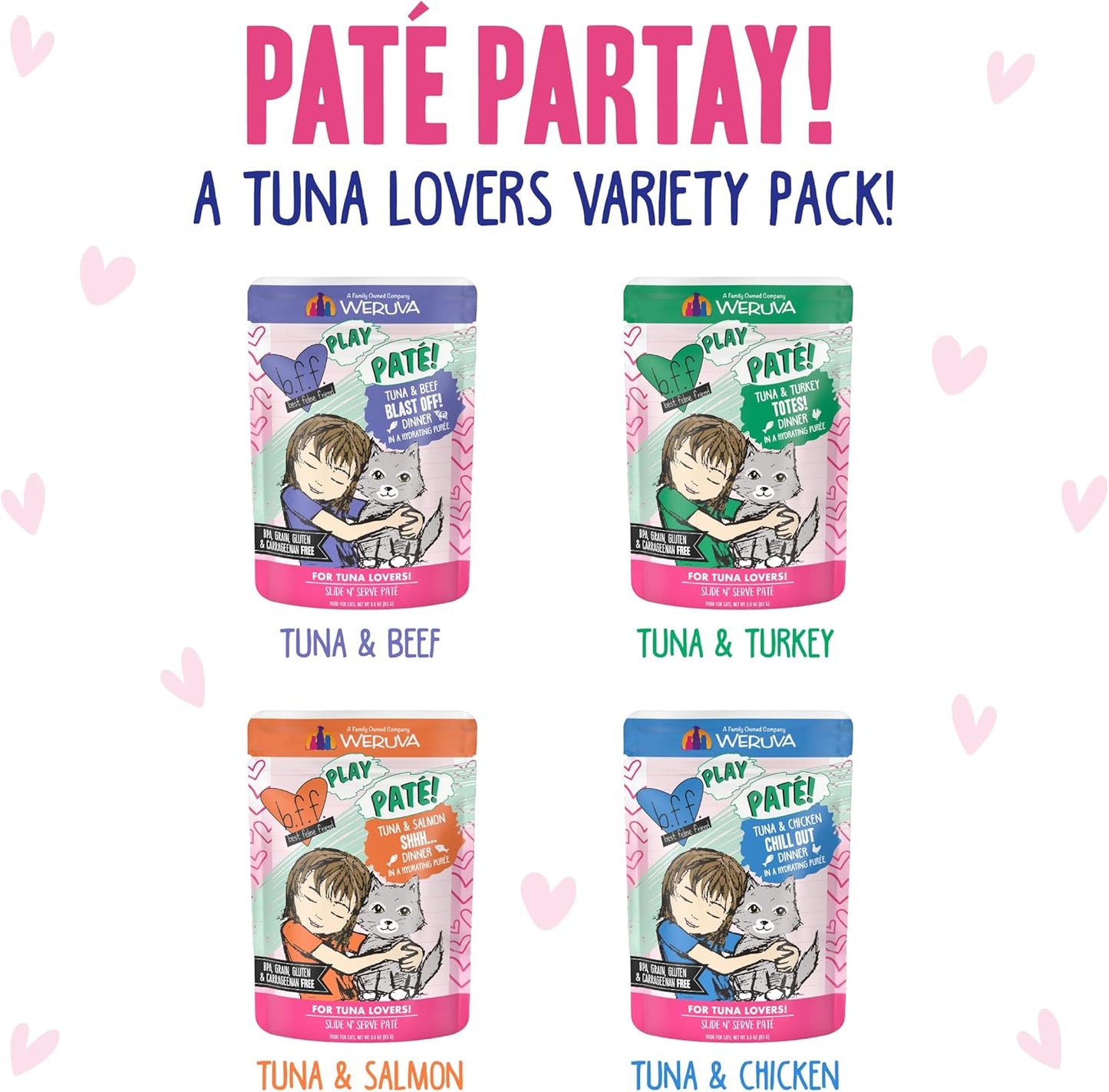 Weruva B.F.F. Play - Best Feline Friend Paté Lovers, Aw Yeah!, Paté Partay! Variety Pack, 3oz Pouch (Pack of 12)