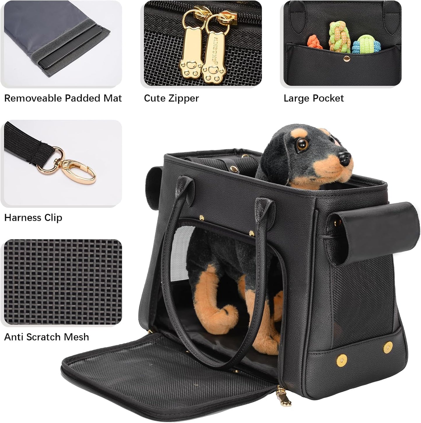 Fashion Pet Carrier Purse for Small Cat and Dog, Luxury Pu Soft-Sided Tote Bag with Large Pockets for Dogs and Puppies (Black, 15.8" L x 7.5" W x 11.8" H)