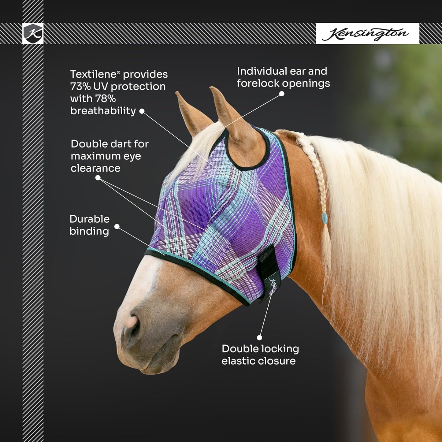 Kensington UV Horse Fly Mask with Web Trim - Protective Mask with Dual Ear Opening & Forelock Freedom - Medium, Atlantis
