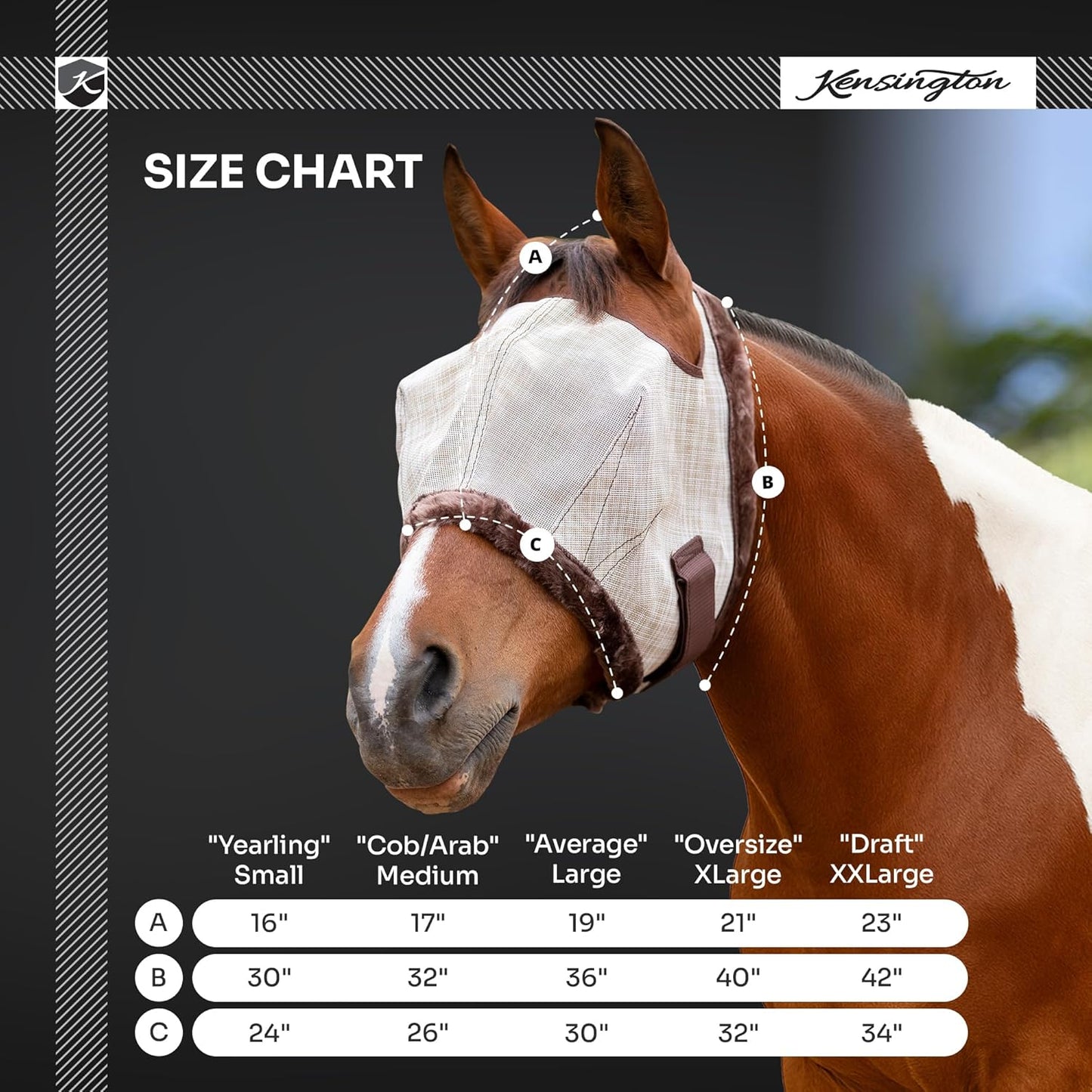 Kensington Fly Mask with Fleece Trim for Horses — Protects Face and Eyes from Flies and Sun Rays While Allowing Full Visibility — Breathable and Non Heat Transferring, X-Large, Tan