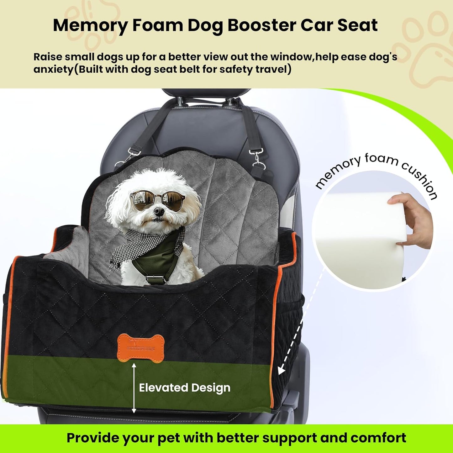 Dog Car Seat for Small Dogs Under 30lbs, Detachable Washable Pet Booster Seat with Safety Belt & Storage Pockets, Travel Car Bed, Black/Grey