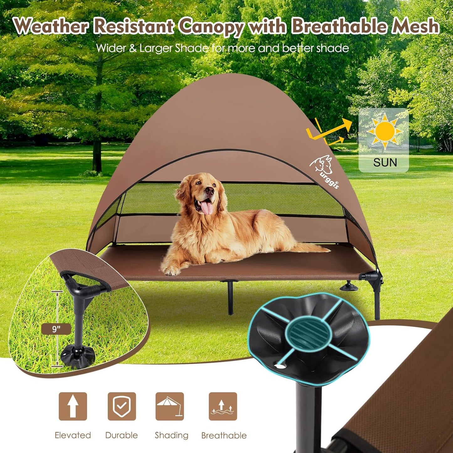 Upgraded Elevated Dog Bed with Canopy, Portable Raised Outdoor Dog Bed with Stable Anti-Slip Feet, Wider Shade Pet Bed Cot, Raised Dog Beds for Large Dogs Camping, Indoor & Outdoor Use