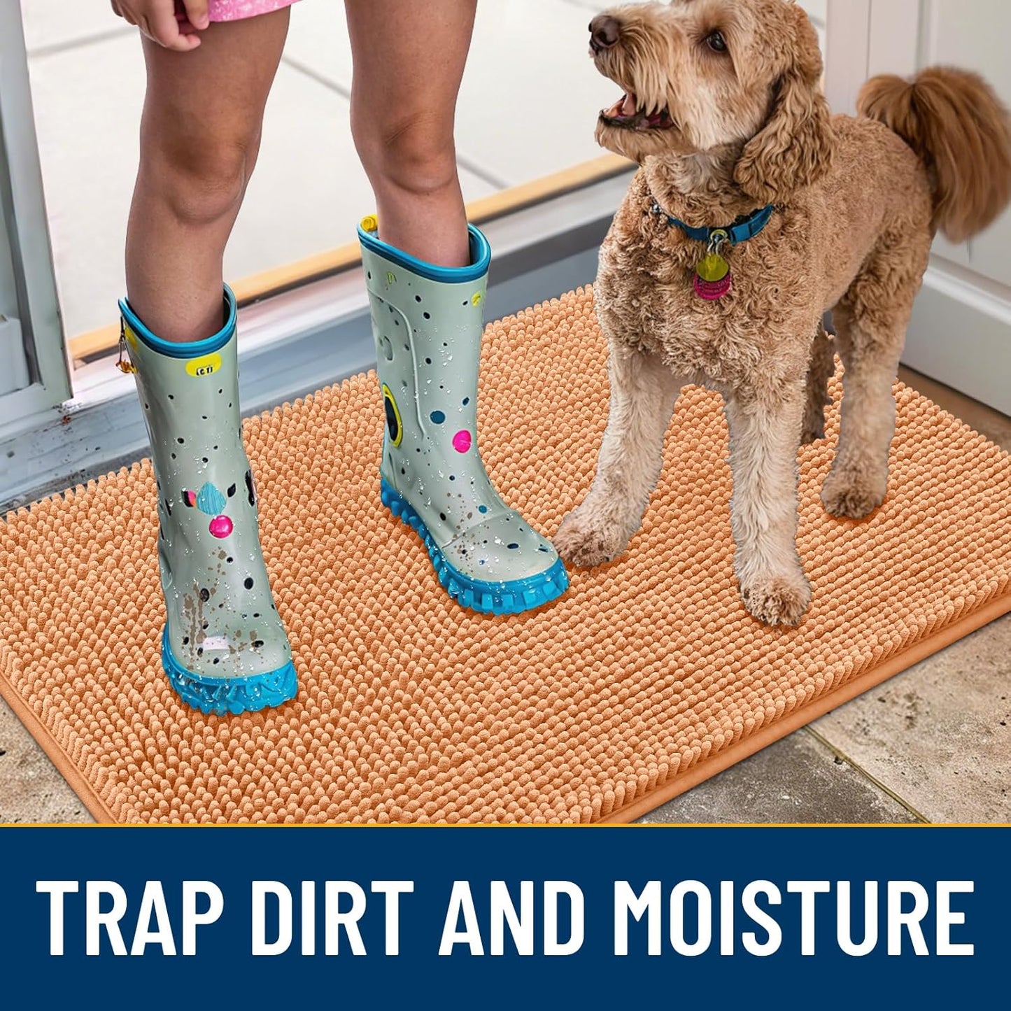 Smiry Dog Door Mat for Muddy Paws 24x16, Absorbs Moisture and Dirt Doormat, Non-Slip Washable Quick Dry Chenille Front Door Mat Indoor Entrance, Entryway Carpet for Inside Floor, Orange