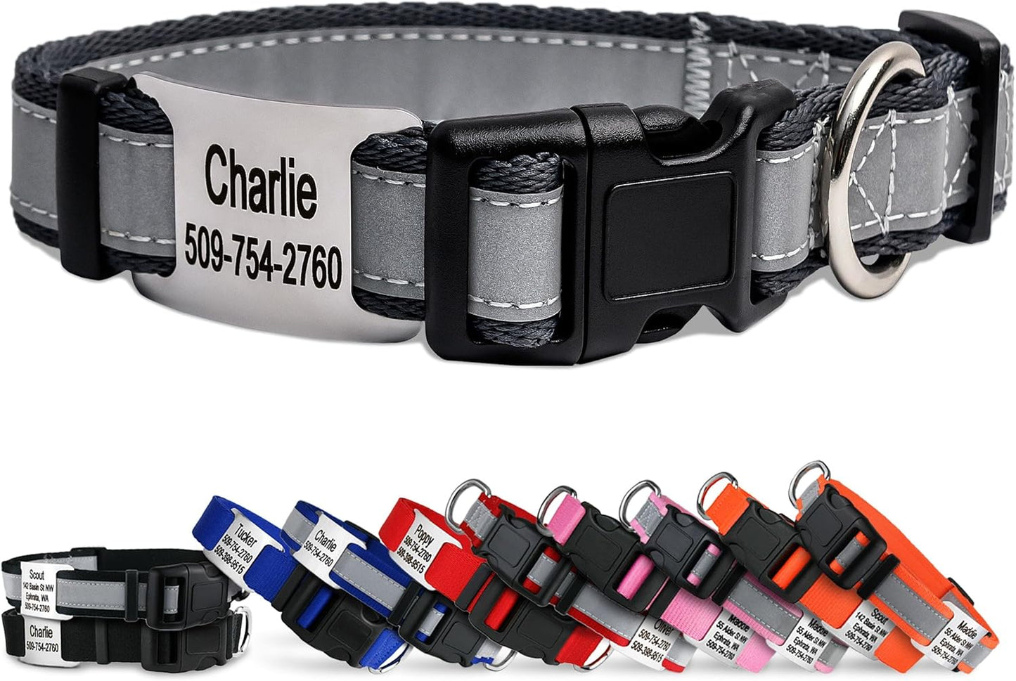 GoTags Reflective Personalized Dog Collar with Nameplate, Adjustable Dog Collar with Custom Engraved Steel Slide On Pet ID Tag, Silent, No Noise Dog Tag for Large Medium or Small (Charcoal, Large)