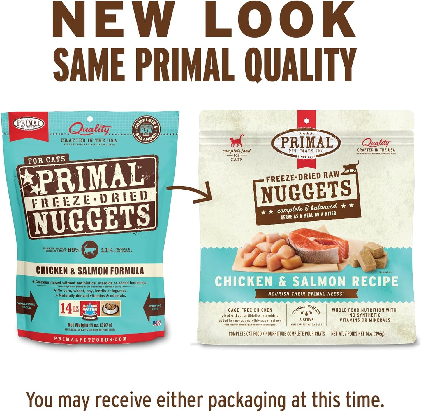 Primal Freeze Dried Raw Cat Food Nuggets Chicken & Salmon, Complete & Balanced Meal or Topper, Premium, Healthy, Grain Free, High Protein Raw Cat Food with Probiotics (14 oz)