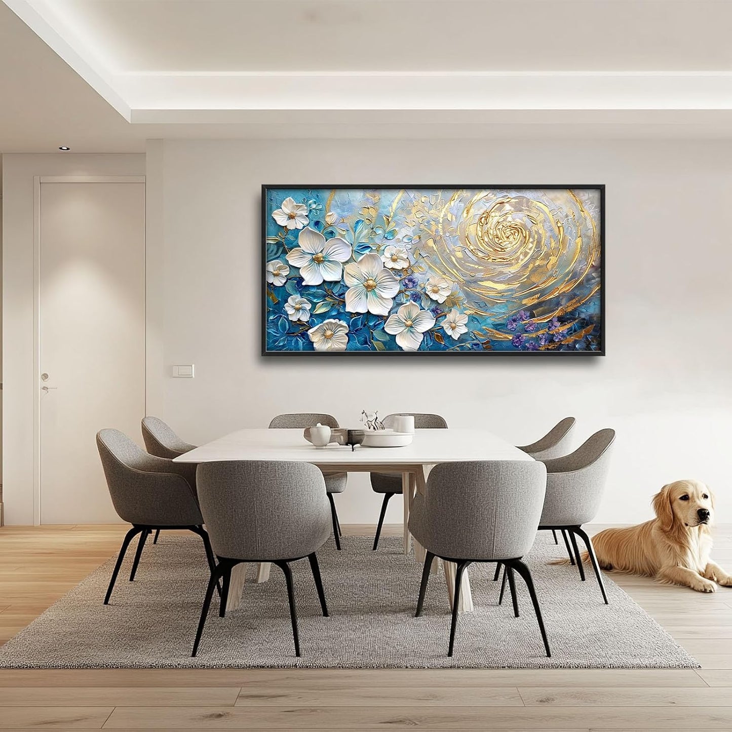 Flower Large Wall Art White Floral Pictures Abstract Golden Spiral Texture Wall Decor Canvas Print Painting Artwork for Bathroom Living Room Bedroom 60L" x 30W"