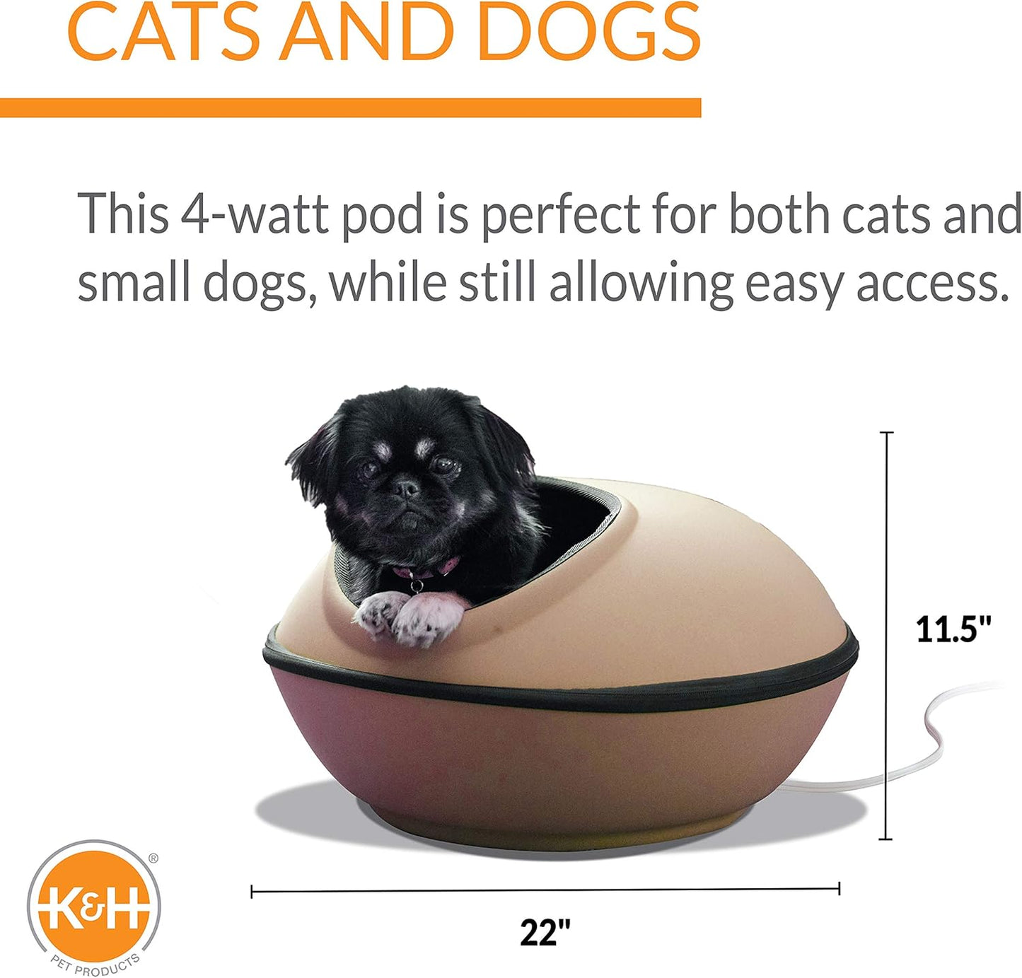 K&H Pet Products Heated Cat Bed for Large Cats, Thermo-Kitty Mod Dream Pod Heated Cat Cave Tent House Bed for Indoor, Warming, Washable Cushion, Waterproof Heater, Safety Listed - 22in Round Tan