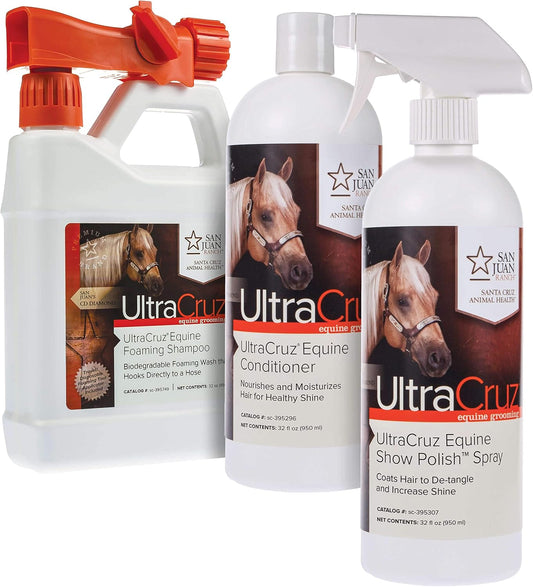 UltraCruz Equine Foaming Horse Shampoo with Travel Applicator, Conditioner and Show Polish Spray Bundle, 32 oz Each