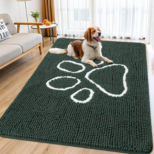Smiry Dog Door Mat for Muddy Paws, Absorbent Dirt Trapper Non Slip Quick Dry Washable Chenille Mat for Mud Dogs, Entry Rug for Indoor and Outdoor (71x46 Inches, Green)