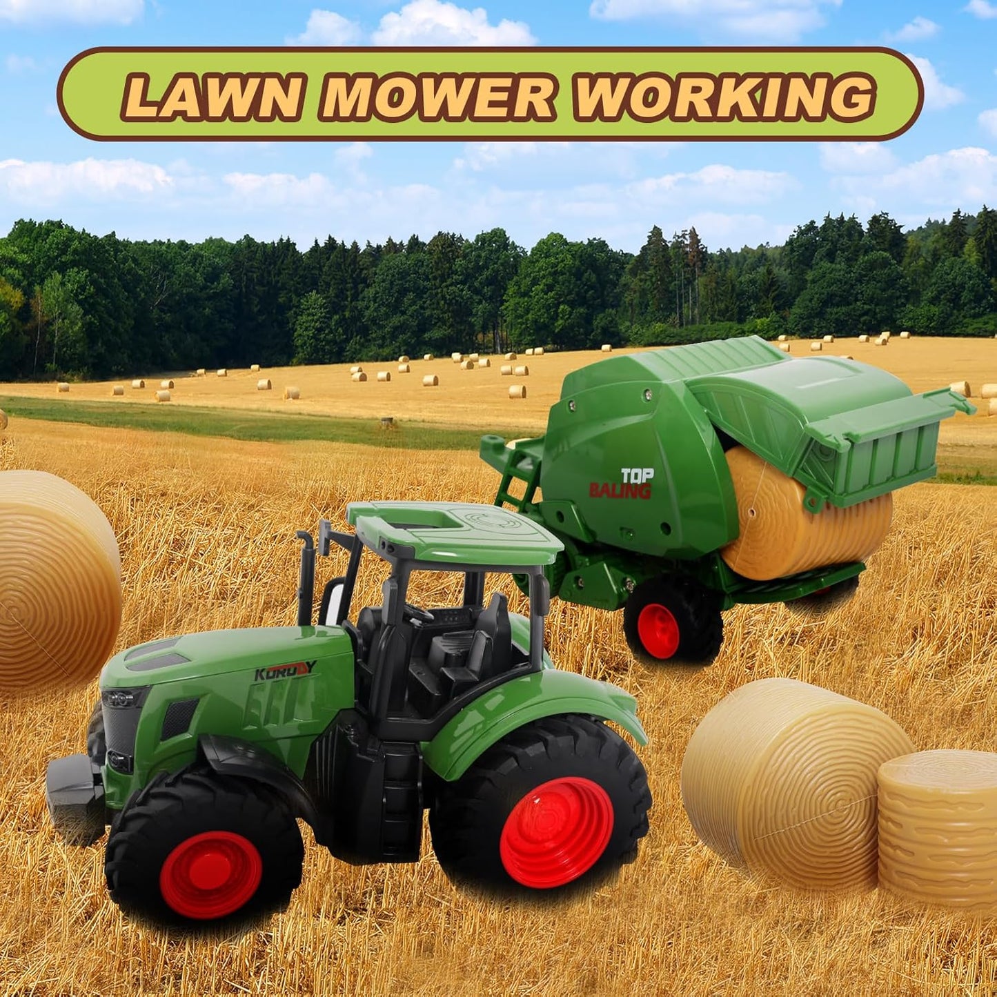Farm Tractor Toys Set Bale Haying Round Baler with Barn Farmer,Cow,Farm Tools,Tree Farm Tractor Pla yset for Kids Toddler Boys Girls Ages 3-7 Years
