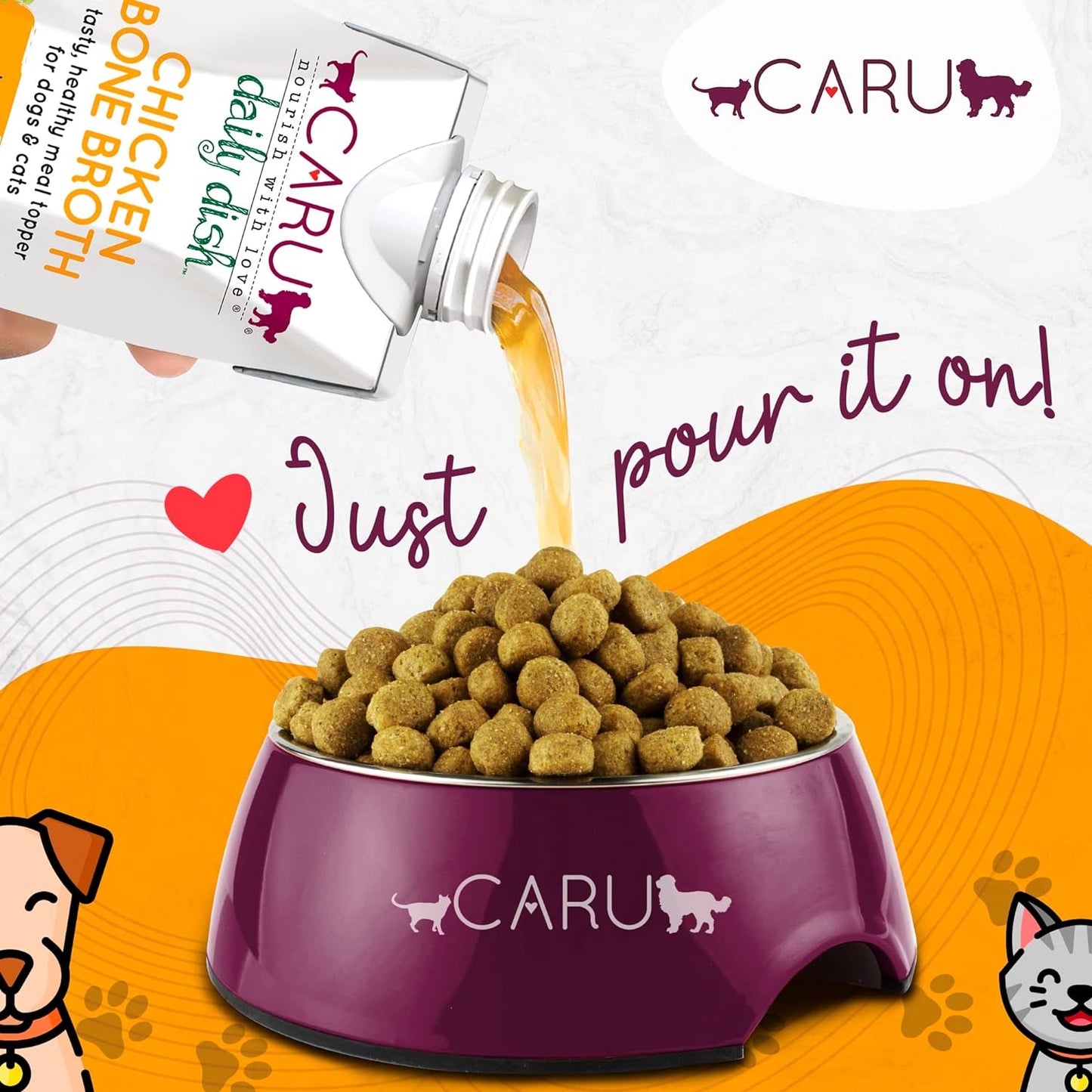 Caru - Daily Dish Chicken Bone Broth Meal Topper for Dogs & Cats - Savory Pour-Over Broth - 3 Pack