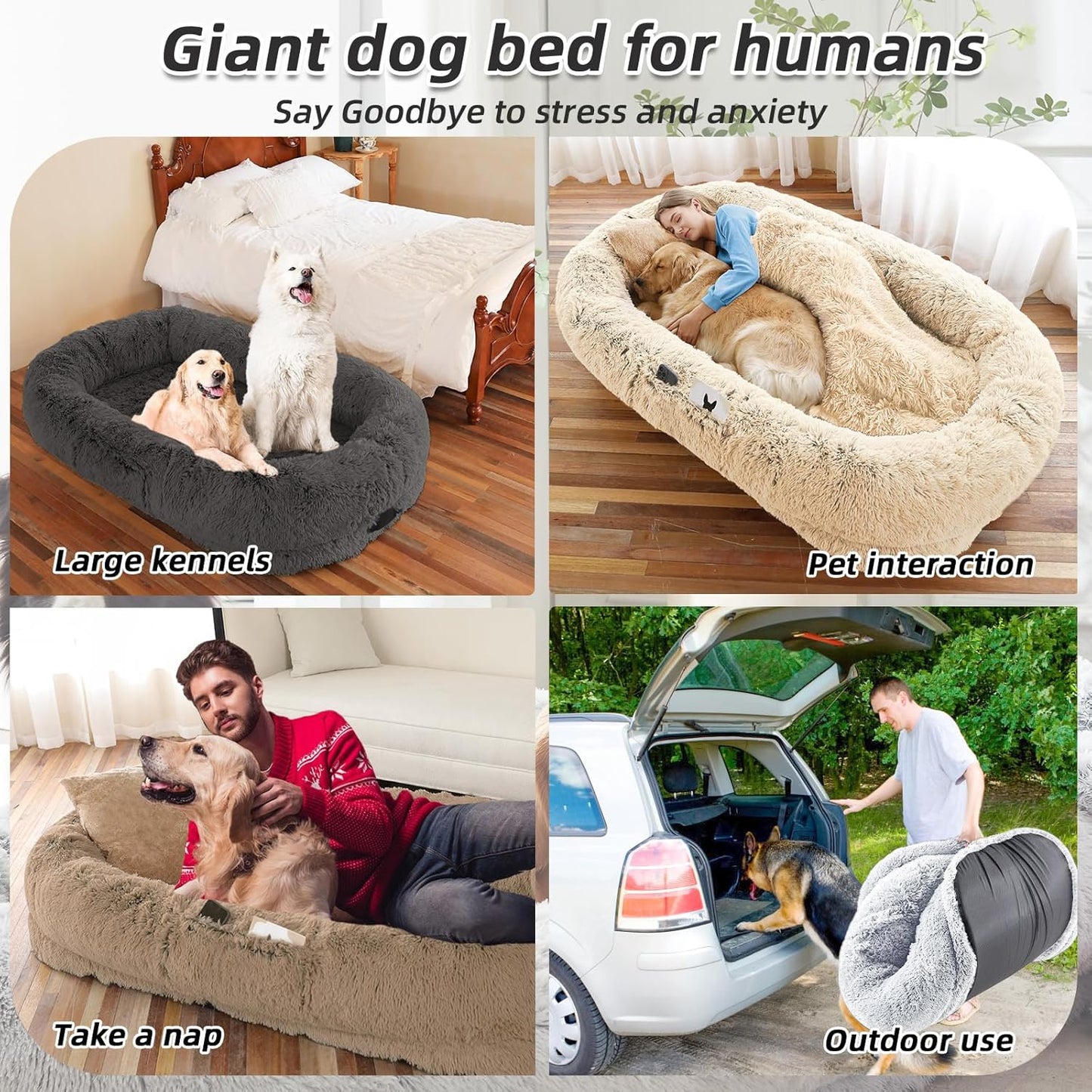 Human Dog Bed for Adults & Pets, 63"x32"x10" XL Faux Fur Nap Bed with Pillow, Blanket & Strap, Orthopedic Washable Lounger for Sleeping, Relaxing, Cuddling – Beige