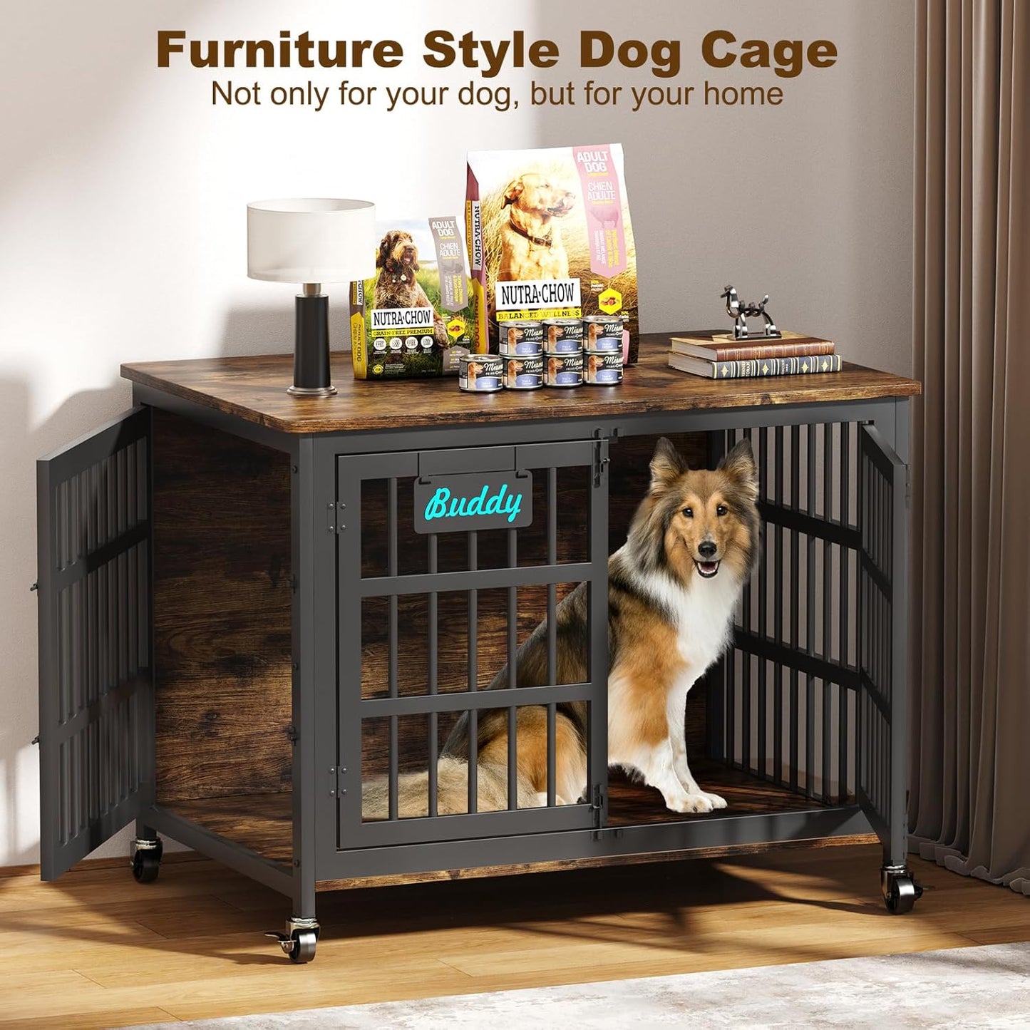 EasyCom 41"/33"/27" Dog Crate Furniture with Name Tag, Heavy Duty Dog Kennel Indoor for Medium Dogs, Double-Doors Sturdy Metal Dog Cage for Anxiety Dog, Decorate House as TV Stand, End Table