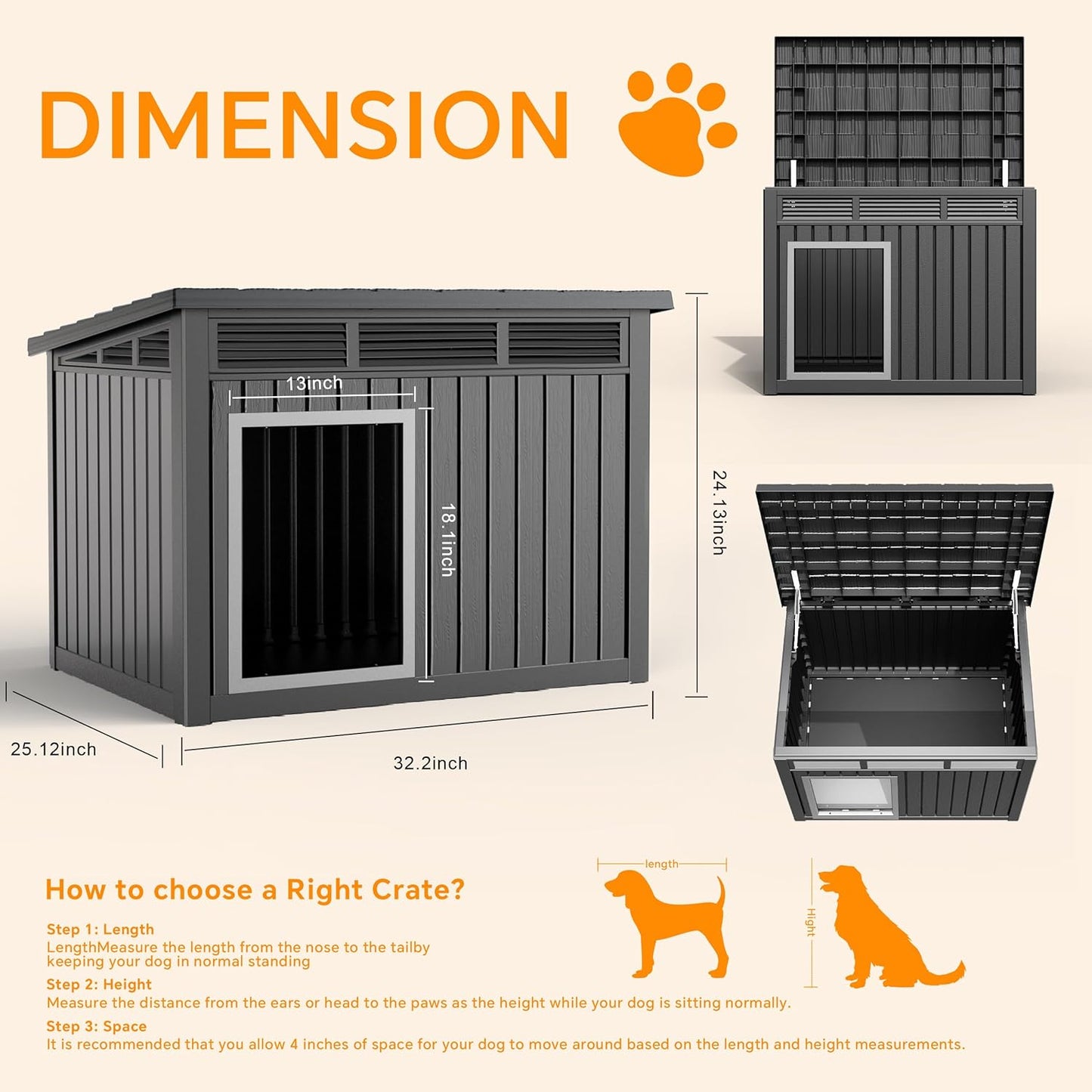 DRATO Dog House for Both Indoor and Outdoor with Weatherproof Roof Removable Floors for Medium to Large Dogs Interior Space (Black, Medium(32.2 * 25.12 * 24.13''))