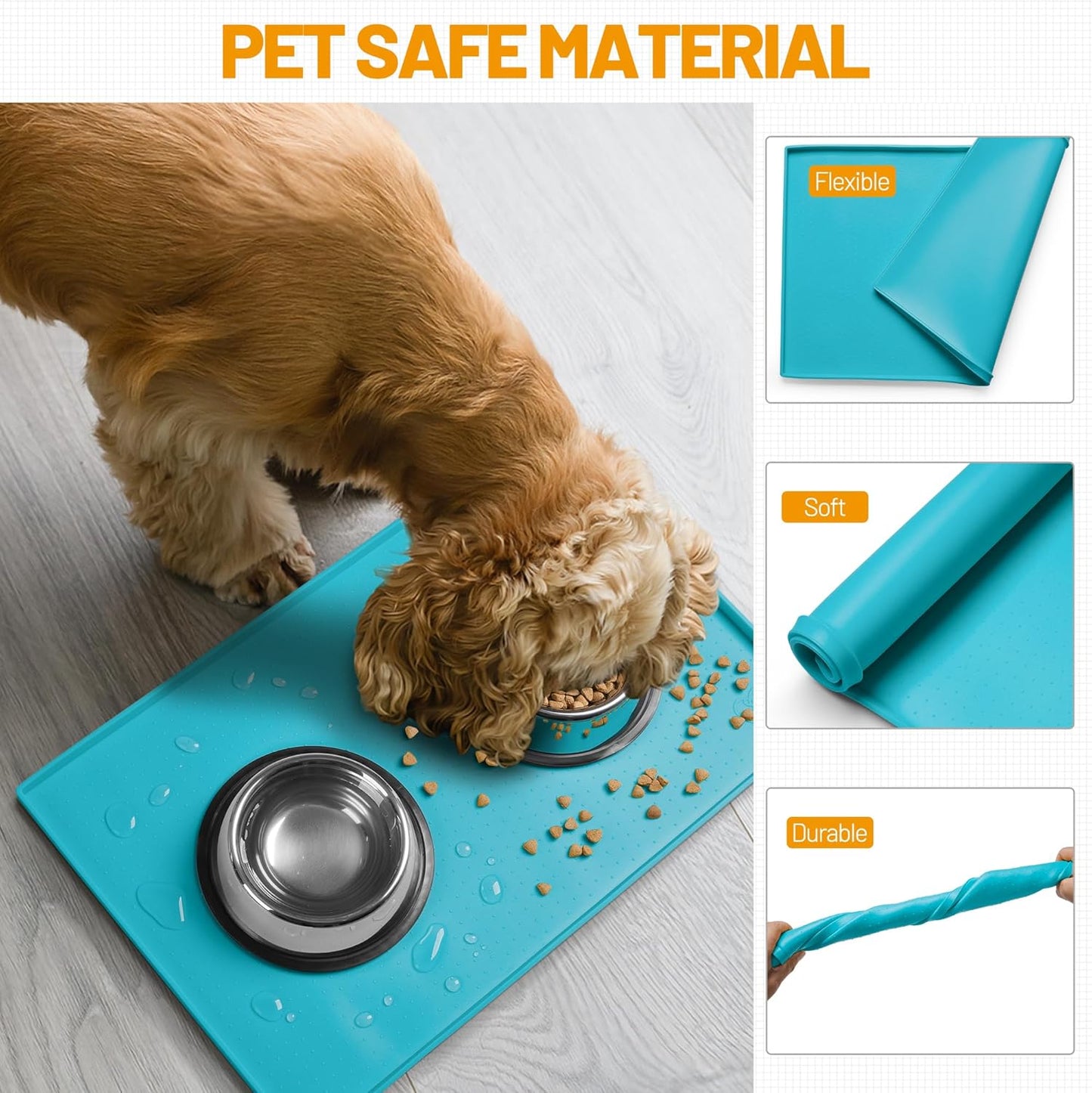 Hubulk Dog Feeding Mat,100% Waterproof Food Grade Silicone Pet Food and Water Bowl Placemat,Dishwasher, High Raised Edge to Prevent Spills,Nonslip Tray to Stop Messes on Floor (24"x16"x0.5", Teal)
